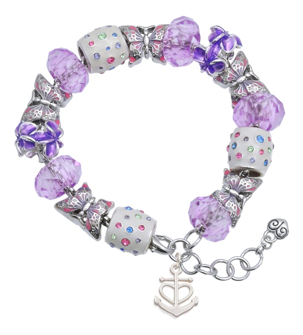 Delight Jewelry Anchor with Heart Purple Butterfly Bead Charm Bracelet - Adjustable 7