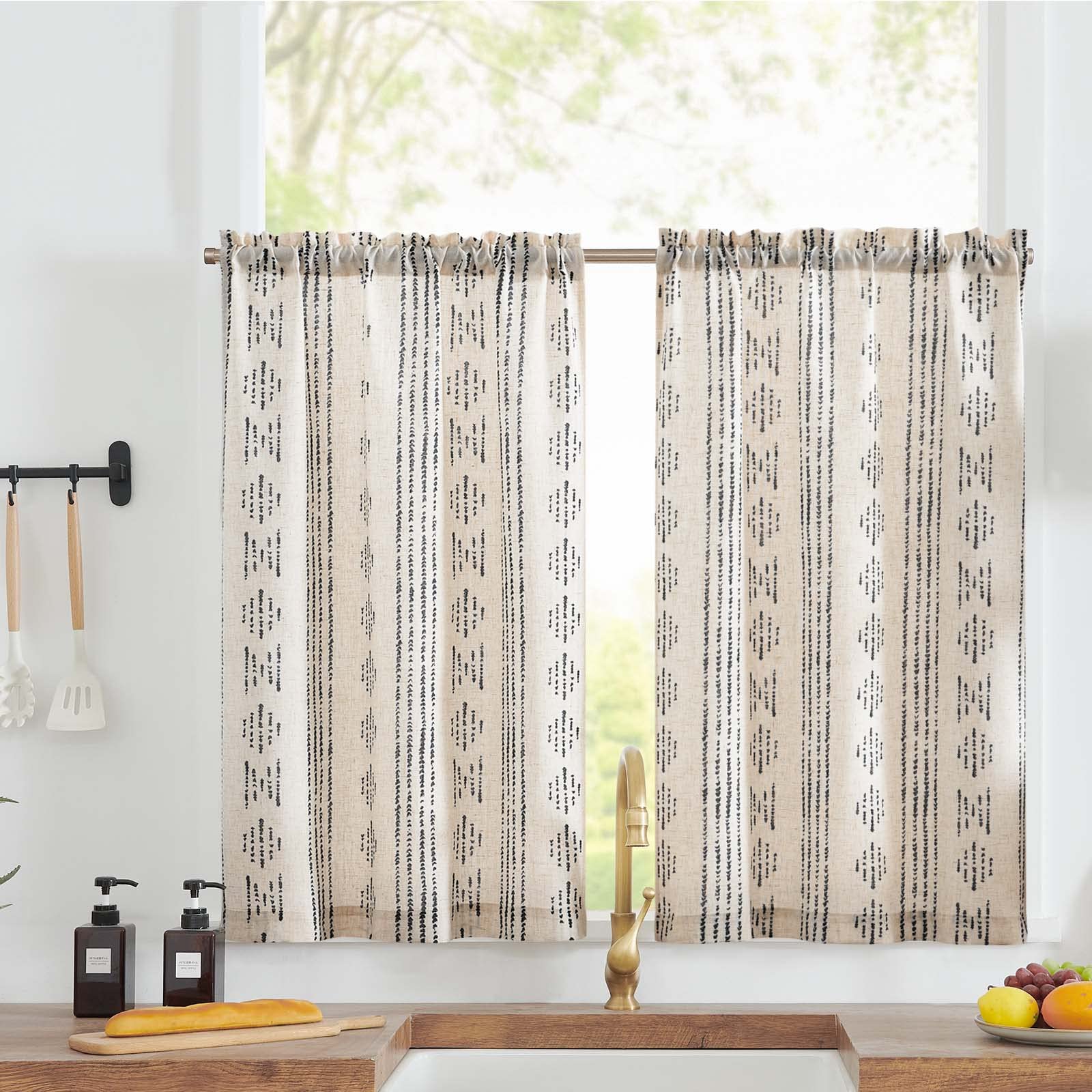 Boho Kitchen Curtains 24 Inch - Linen Tier Curtains, Bohemian Cafe Drapes, Striped Mudcloth Farmhouse Style - Light Filtering Rod Pocket (2 Panels, Black on Beige) - Perfect for Bathroom, RV, Camper & Boho Home Decor