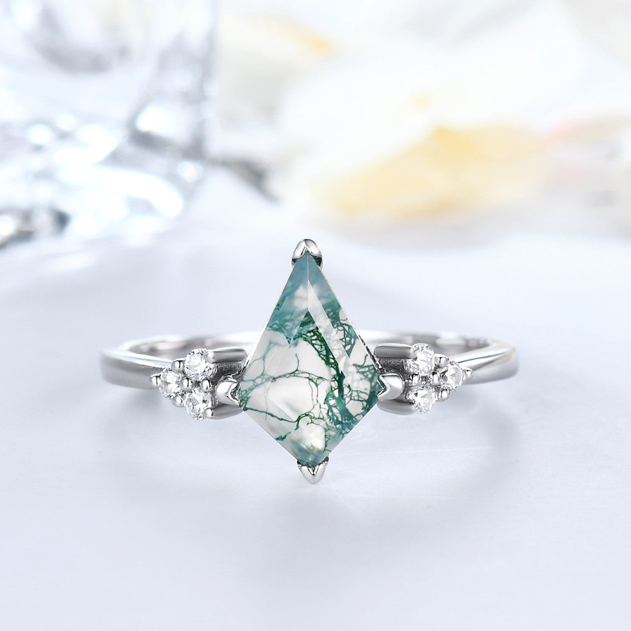 Vintage Kite-Shaped Natural Moss Agate & Diamond Engagement Ring in 14K White Gold - Perfect for Romantic Proposals, Anniversaries & Unique Bridal Jewelry