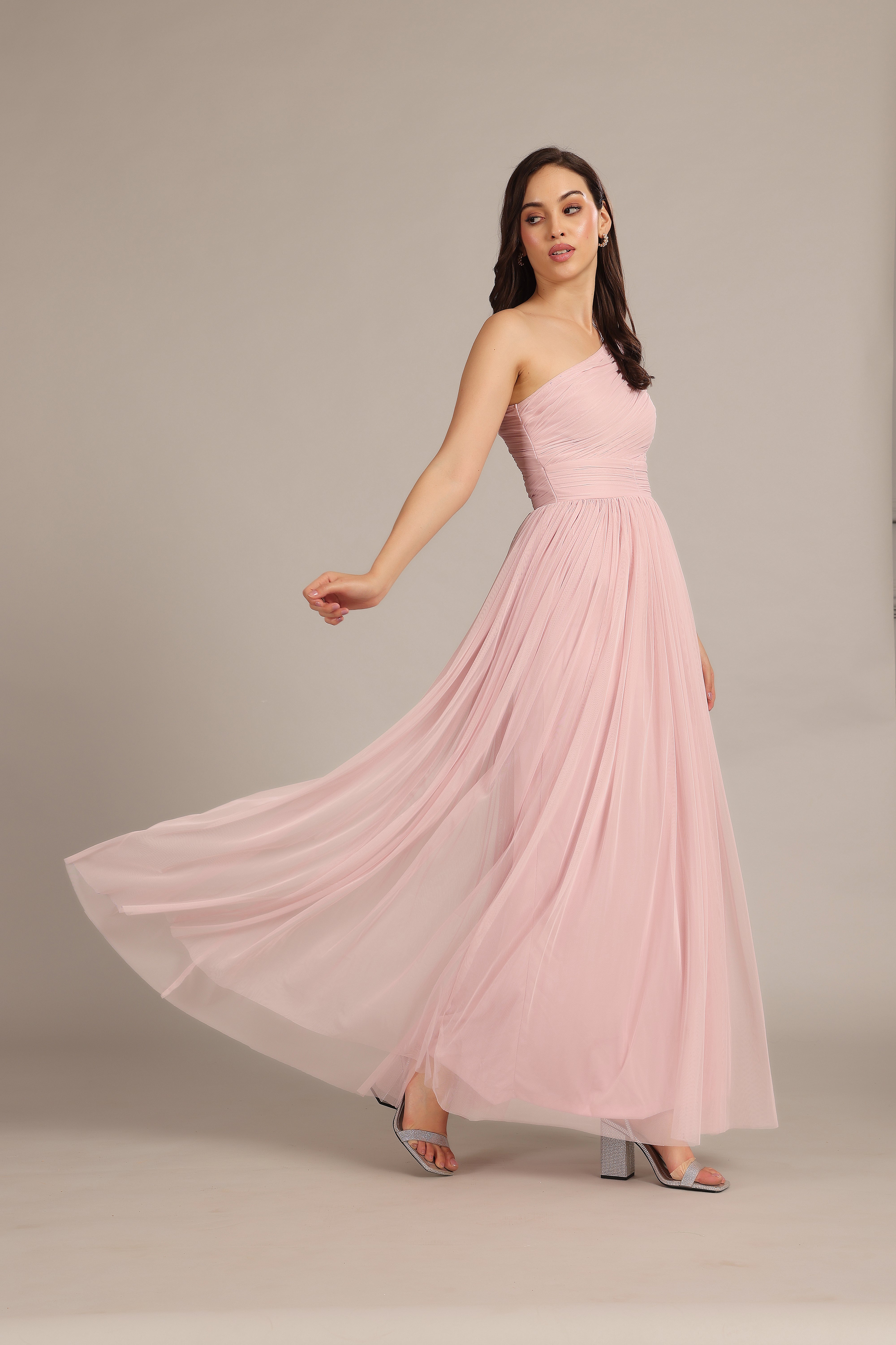 Powder Pink One Shoulder Maxi Dress for Women - Elegant Long Formal Gown for Weddings, Parties & Evening Events