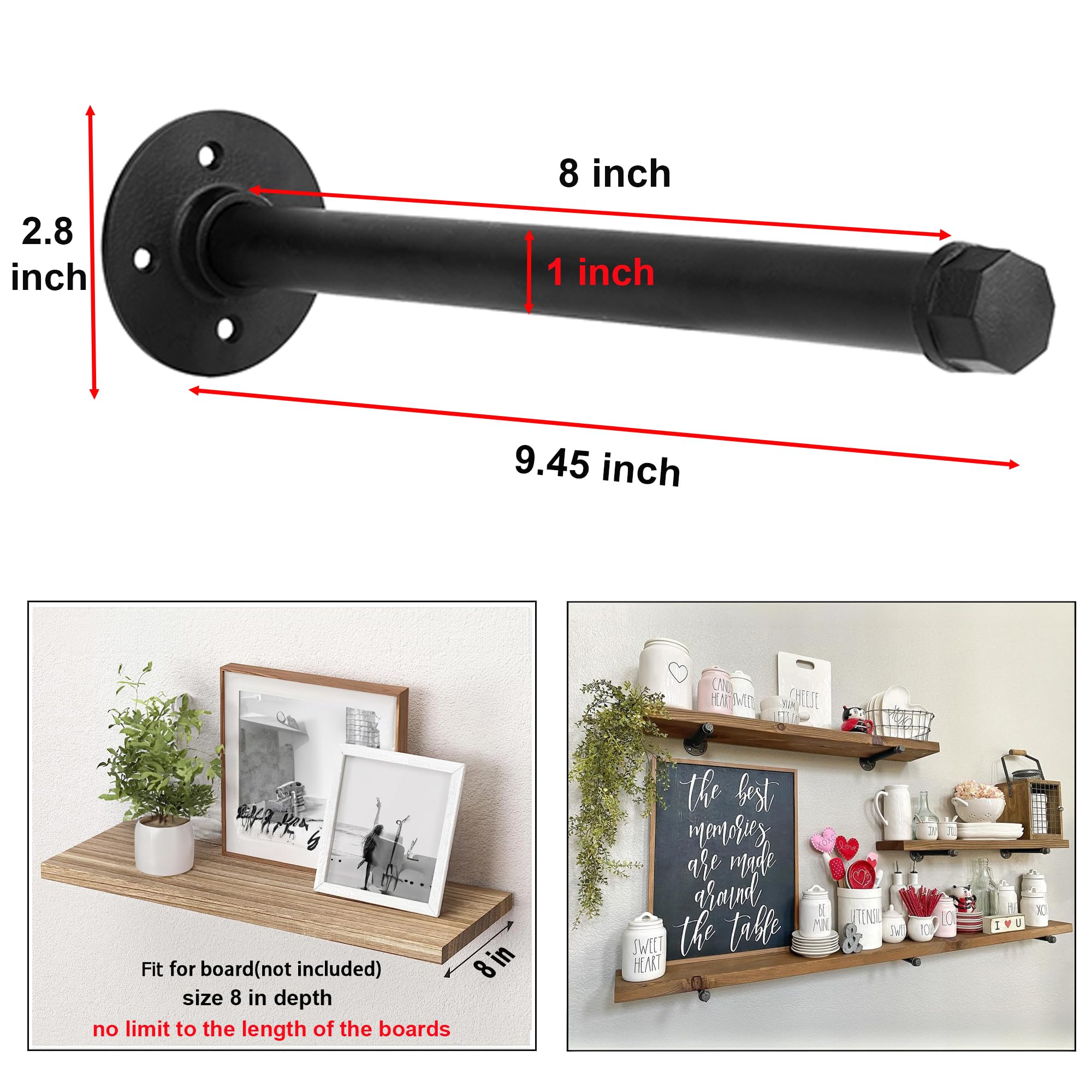 Industrial Black Iron Pipe Shelf Brackets - 8 Inch Set of 6 for DIY Shelving, Wall Mount, Rustic Decor & Garment Rack | Heavy Duty Hardware Included | Perfect for Home Office, Workshop & Farmhouse Style