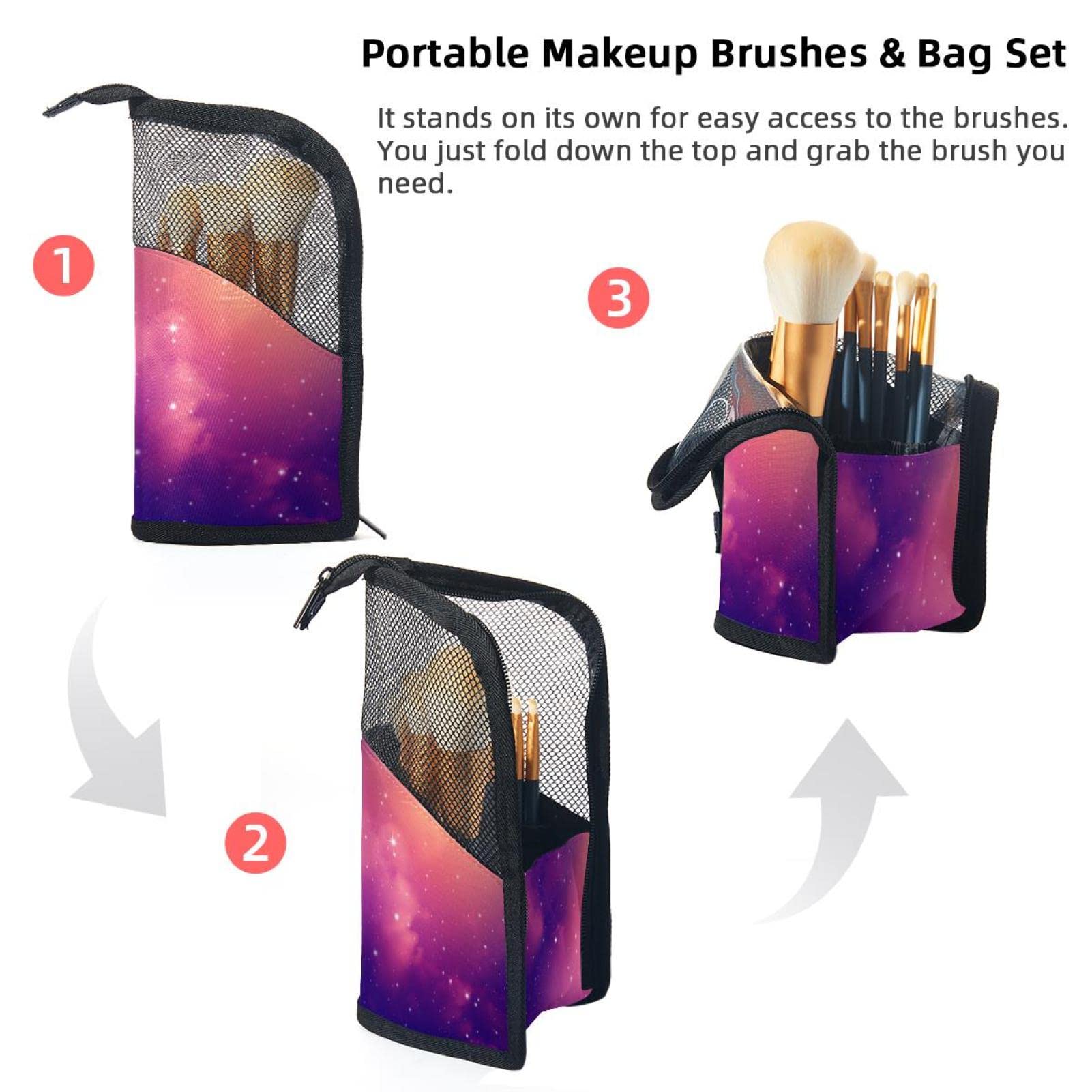 Premium 12-Piece Makeup Brush Organizer Bag with Stars & Galaxy Design - Portable Cosmetic Brush Holder Case for Travel, Home, and Professional Makeup Artists