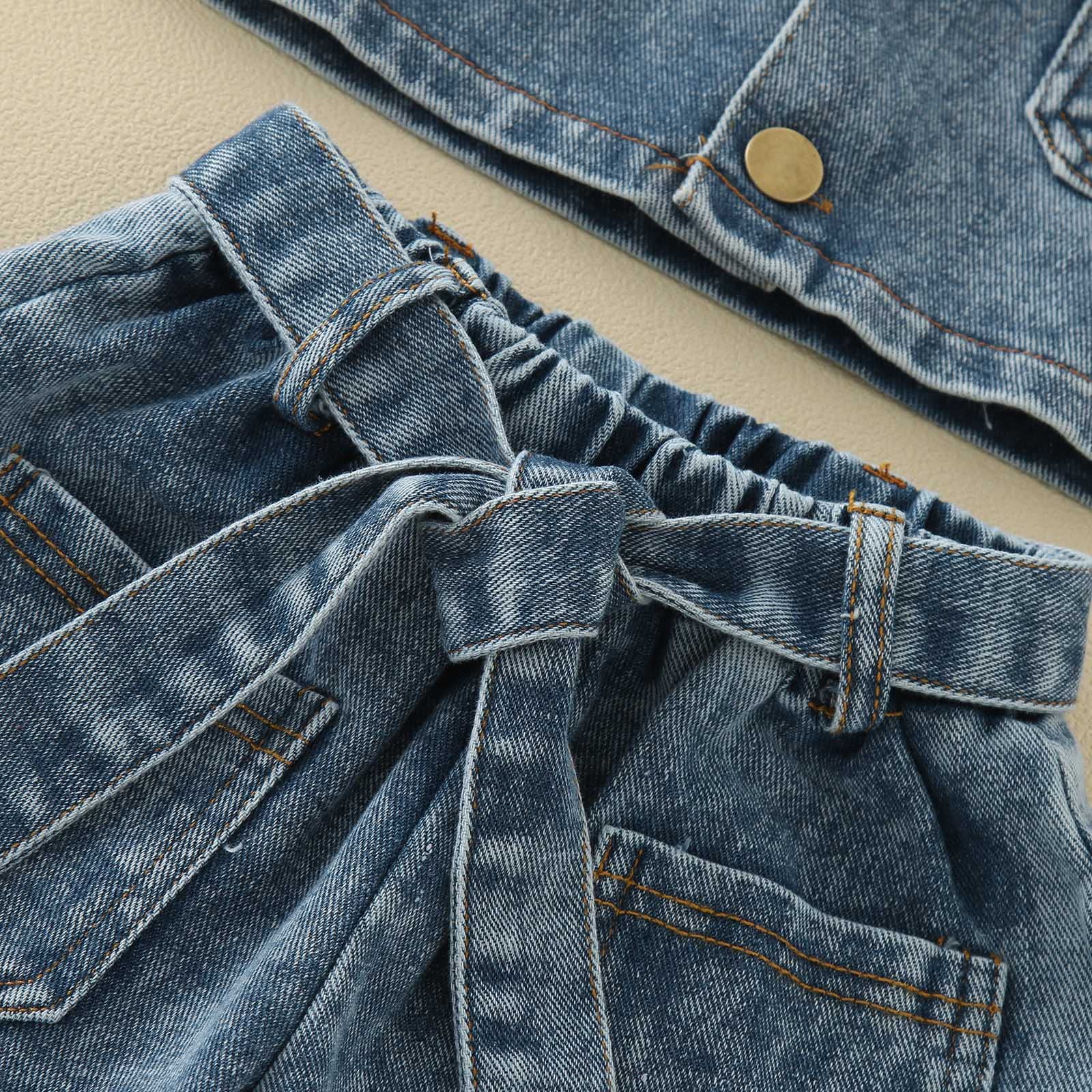 **Toddler Girls Denim Outfit Set - 3-Piece Summer Short Sleeve Top & Shorts with Belt | 2T Size | Casual Playwear & Outdoor Adventures**