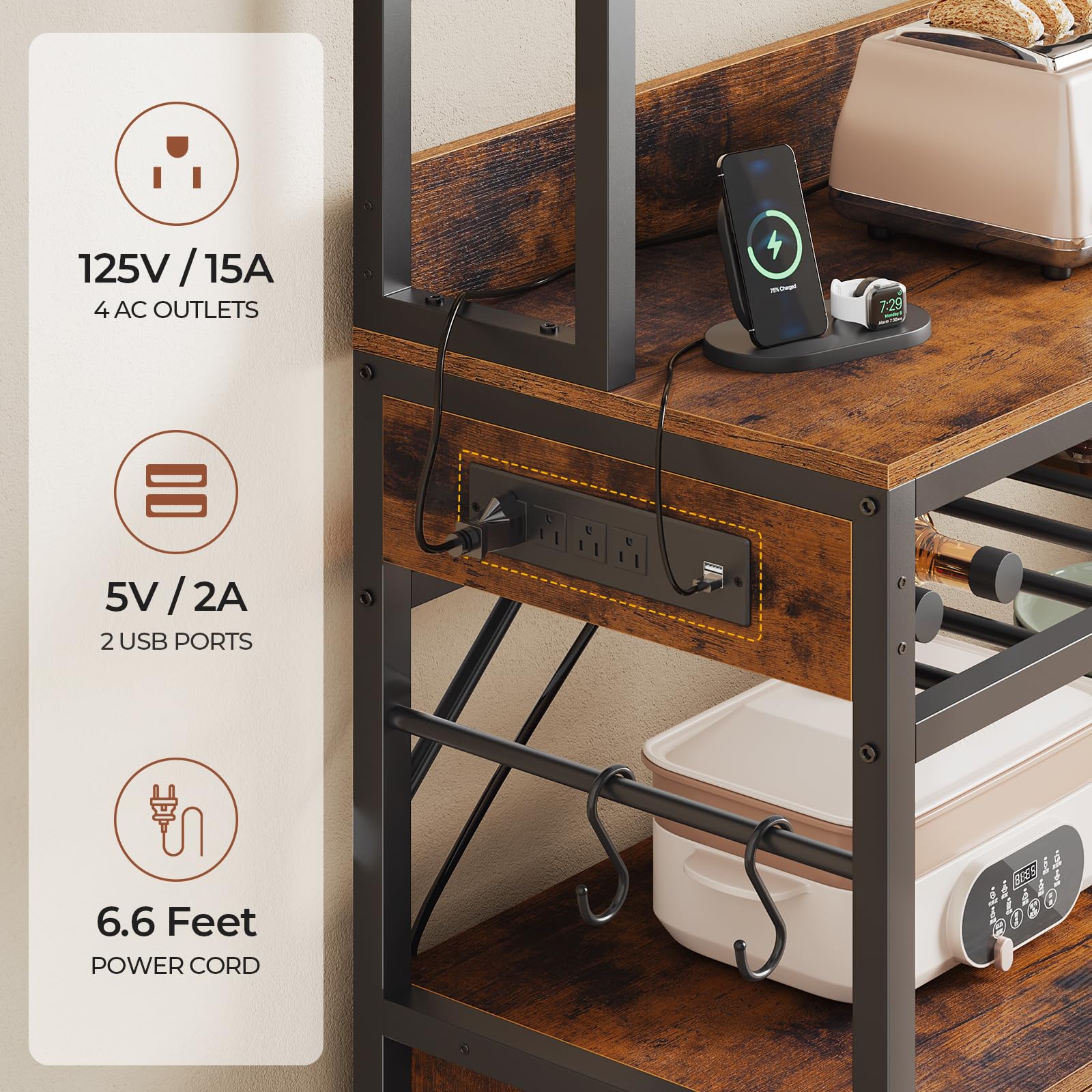 Rustic Brown Bakers Rack with Power Outlet - 47.2 Inch Microwave Stand with Storage Shelves, Coffee Bar Cabinet, Kitchen Pantry Hutch - Includes Side Hooks, Wine Rack & Goblet Holder - Perfect for Kitchen Organization, Coffee Station or Dining Room Storage (Medium Size)
