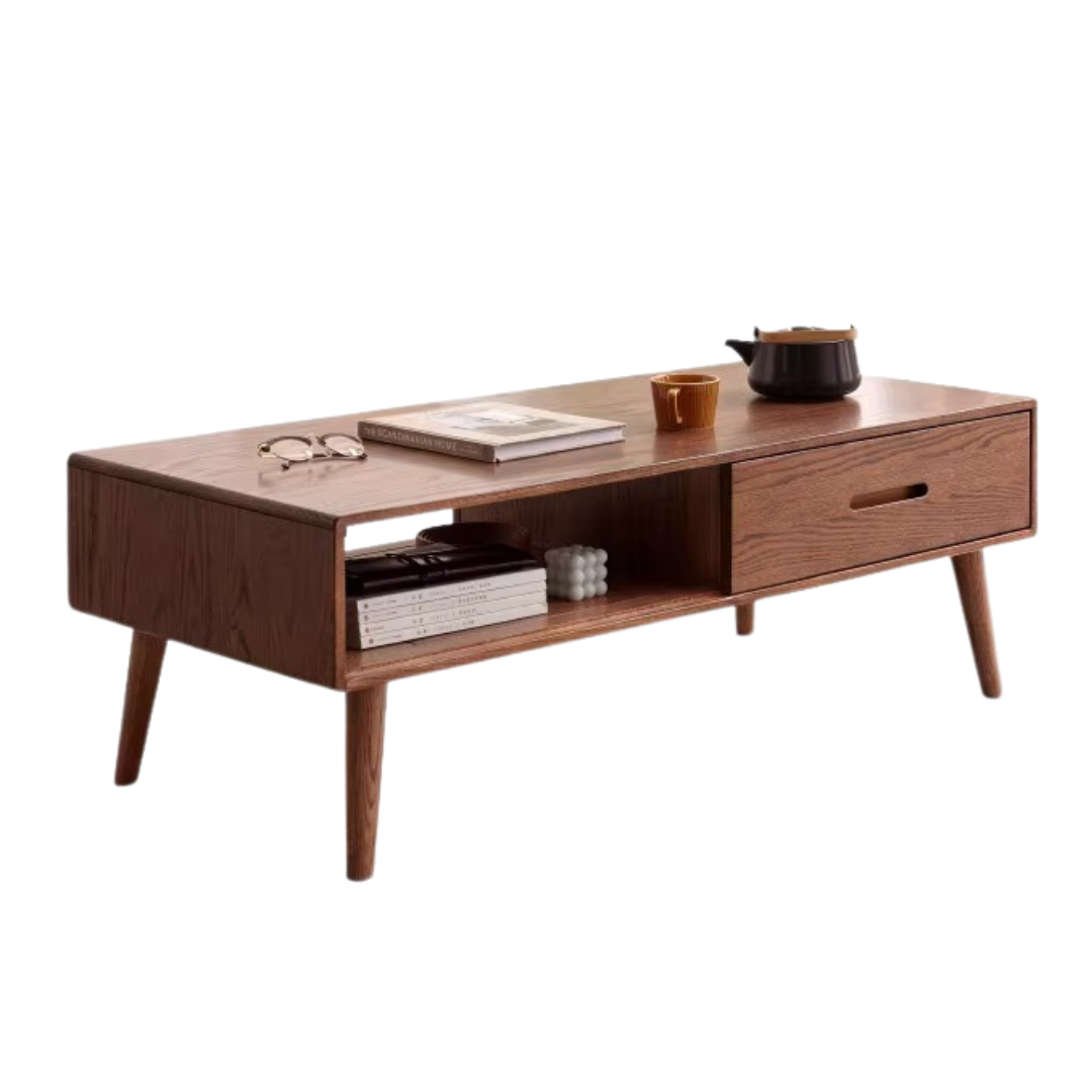 Solid Oak Wood Two-Drawer Coffee Table - Walnut Finish | Rustic Living Room Furniture for Home Decor & Storage