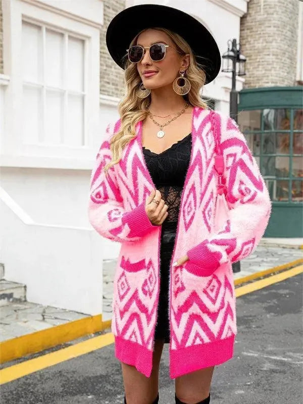 Vintage Diamond Knit Cardigan Sweater for Women - Mid Length Retro Pullover - Perfect for Fall Layering & Casual Outfits