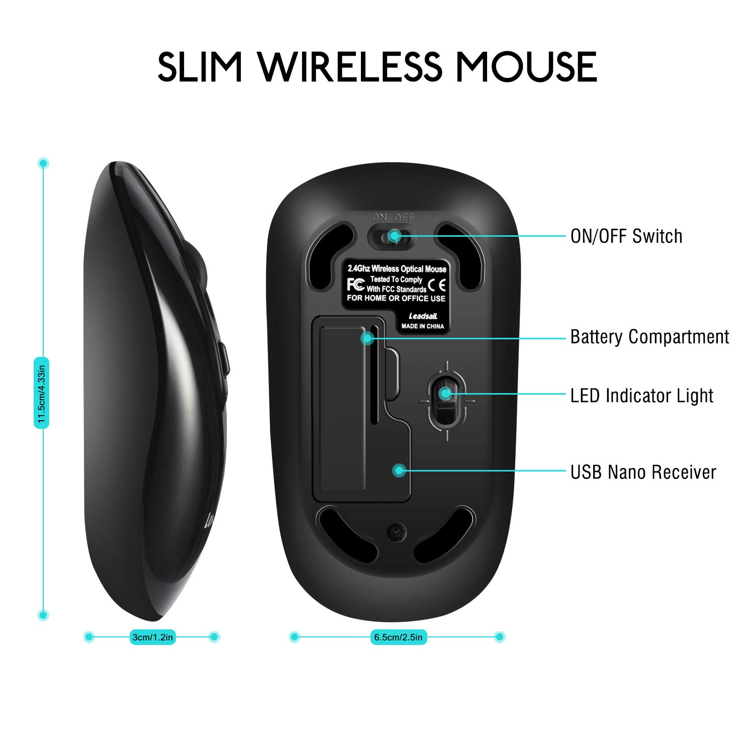LeadsaiL Wireless Computer Mouse - 2.4G Slim Silent USB Mouse with 3 Adjustable DPI & 4 Buttons, Cordless Optical Mouse for Laptop, PC, Mac, Windows - Perfect for Office, Home, Gaming & Travel Use