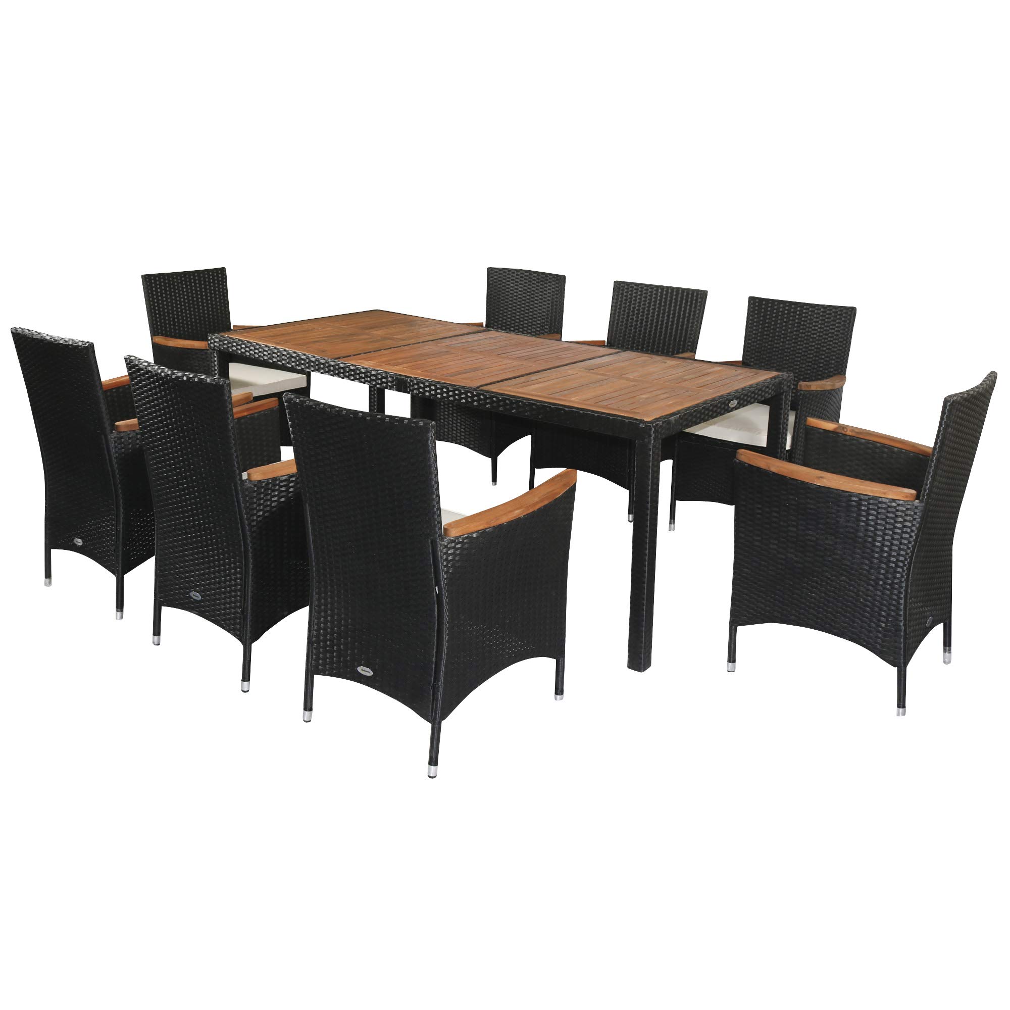 Outsunny 9-Piece Patio Dining Set - Acacia Wood Table with Wicker Rattan Chairs, Waterproof Cushions & Stackable Design for Outdoor Entertaining | Perfect for Backyard, Garden, Poolside & BBQ Gatherings