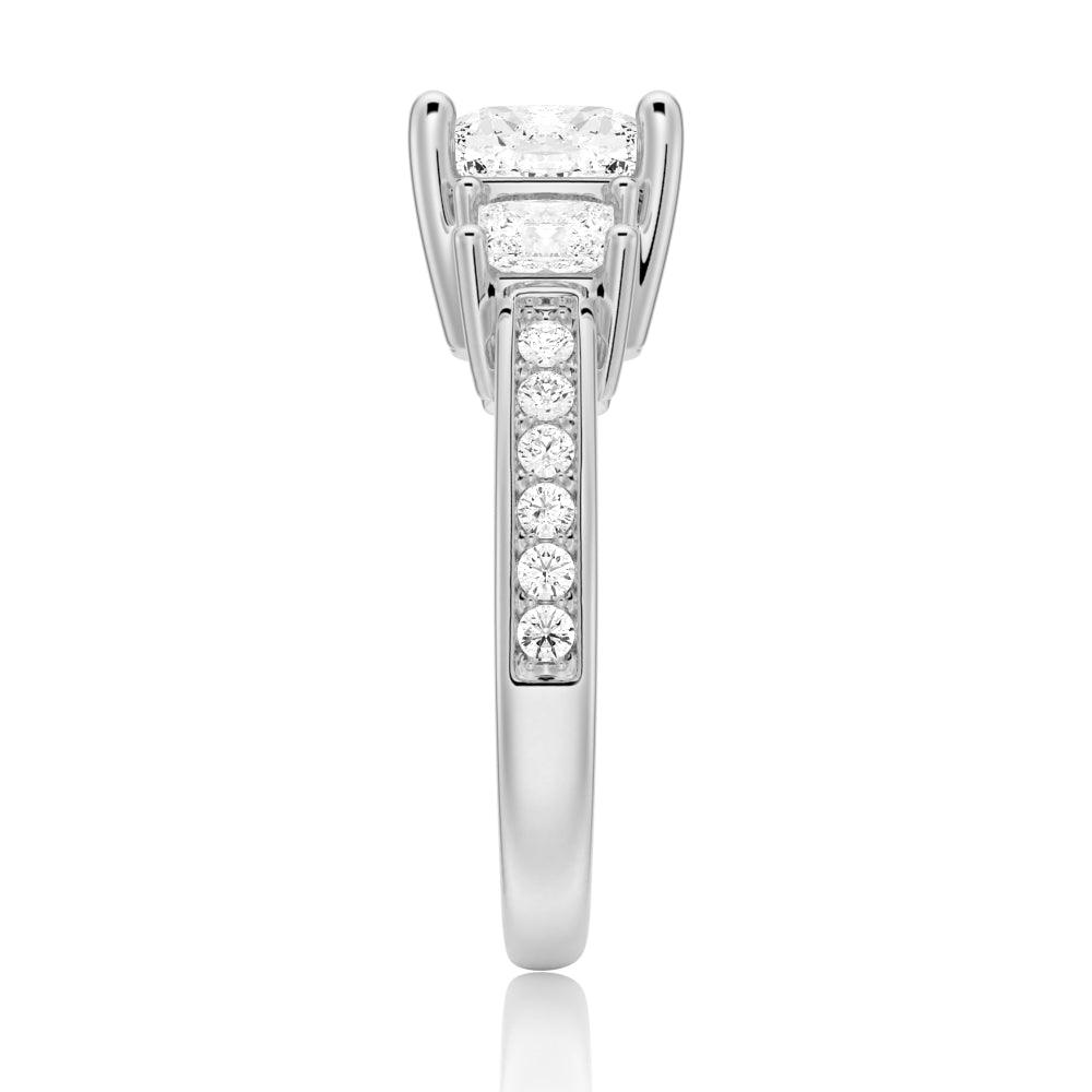 Three Stone Cushion Cut Engagement Ring with Princess Cut Side Stones - Perfect for Proposals, Anniversaries & Bridal Jewelry