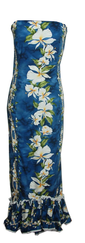 Women's Hawaiian Long Tube Top with Fishtail Ginger Blue Dress - Floral Print Beachwear for Summer Vacation & Tropical Parties - Size 2XL Blue