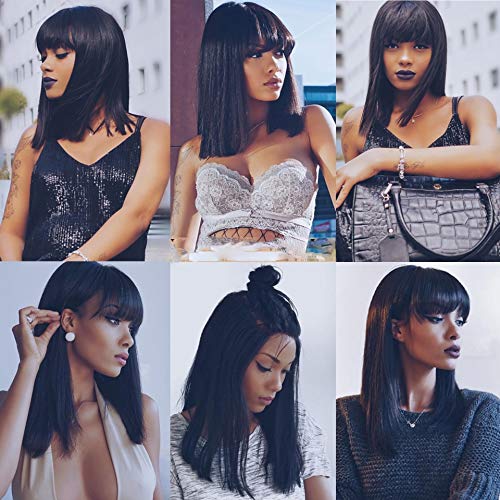 150% Density Human Hair Lace Front Wigs with Air Bangs - 10 Inch Bob Thick Straight Natural Color Lace Wig for Black Women | Perfect for Daily Wear, Parties & Special Occasions