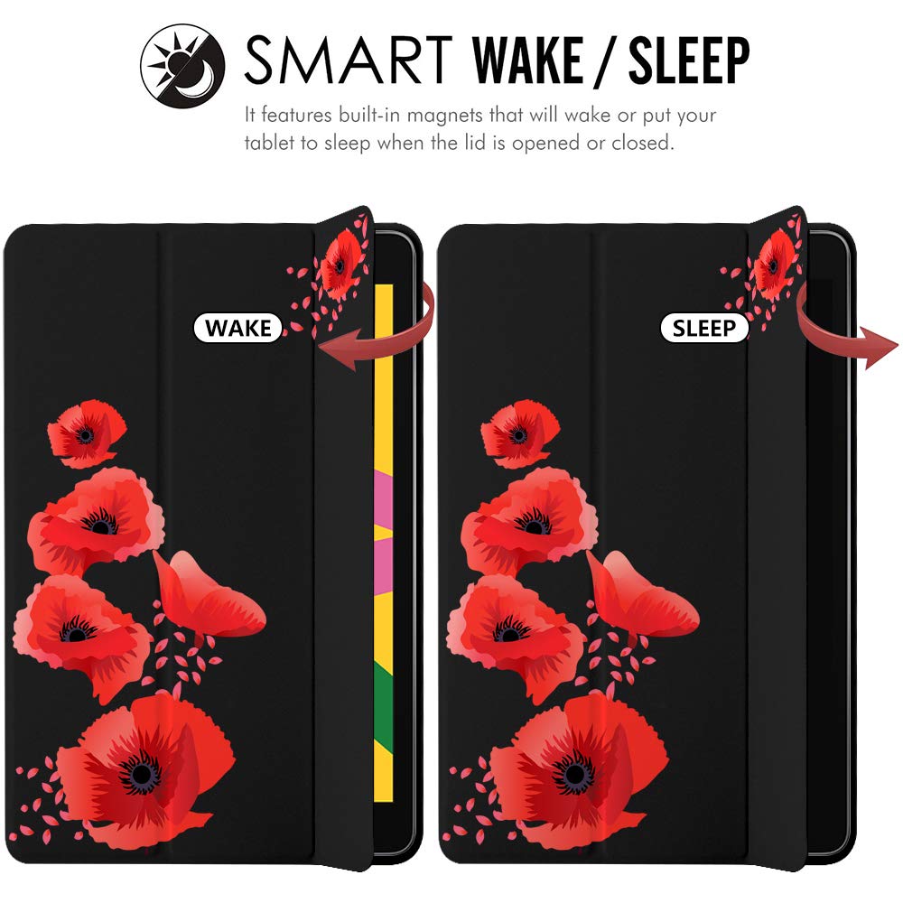 JOYLAND Floral iPad Case Cover for iPad 8th/9th Generation (10.2-inch 2020/2021) - Black with Red Poppy Design, Shockproof & Anti-Scratch, Lightweight Smart Trifold Stand, Soft TPU Protective Case - Perfect for Work, School, Travel & Home Use
