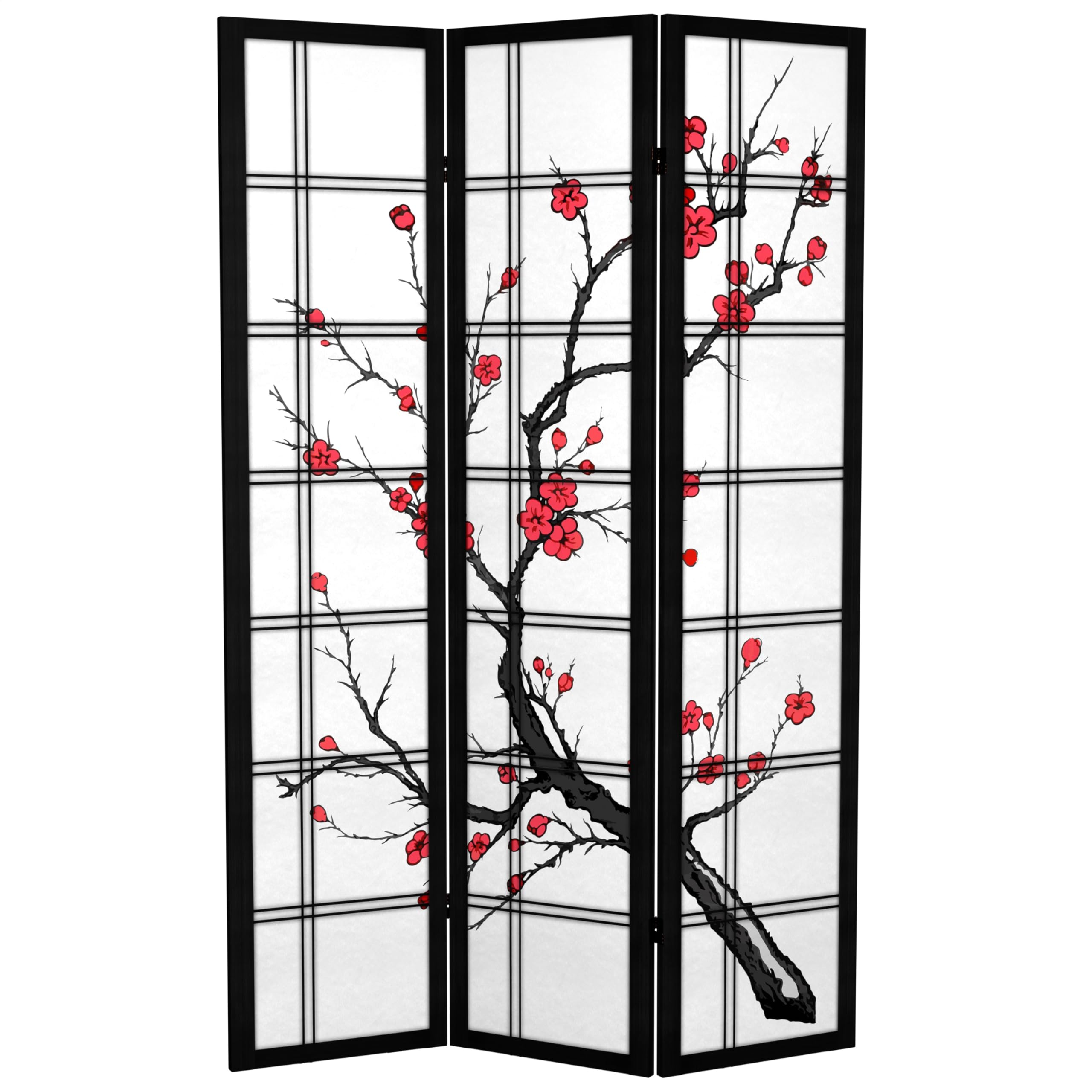 6 ft Tall Red Lantern Canvas Cherry Blossom Black Room Divider Screen - 3 Panel Folding Privacy Partition for Bedroom, Living Room, Office & Studio Decor