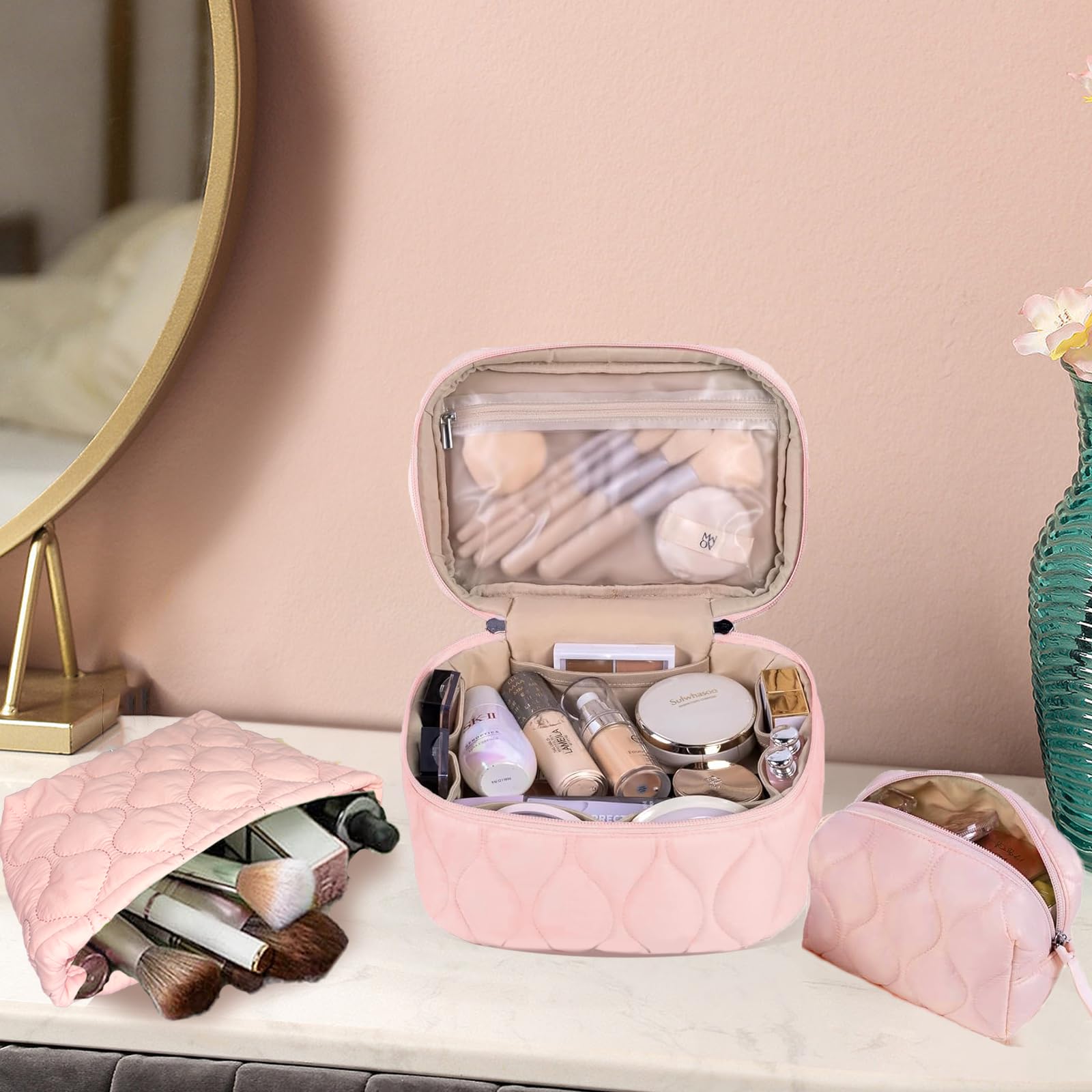 3 PCS Quilted Makeup Bag Set - Small Medium Large Cosmetic Organizer for Women & Girls, Cute Puffy Travel Toiletry Bags in Pink - Perfect for Travel, Gym, and Daily Beauty Storage