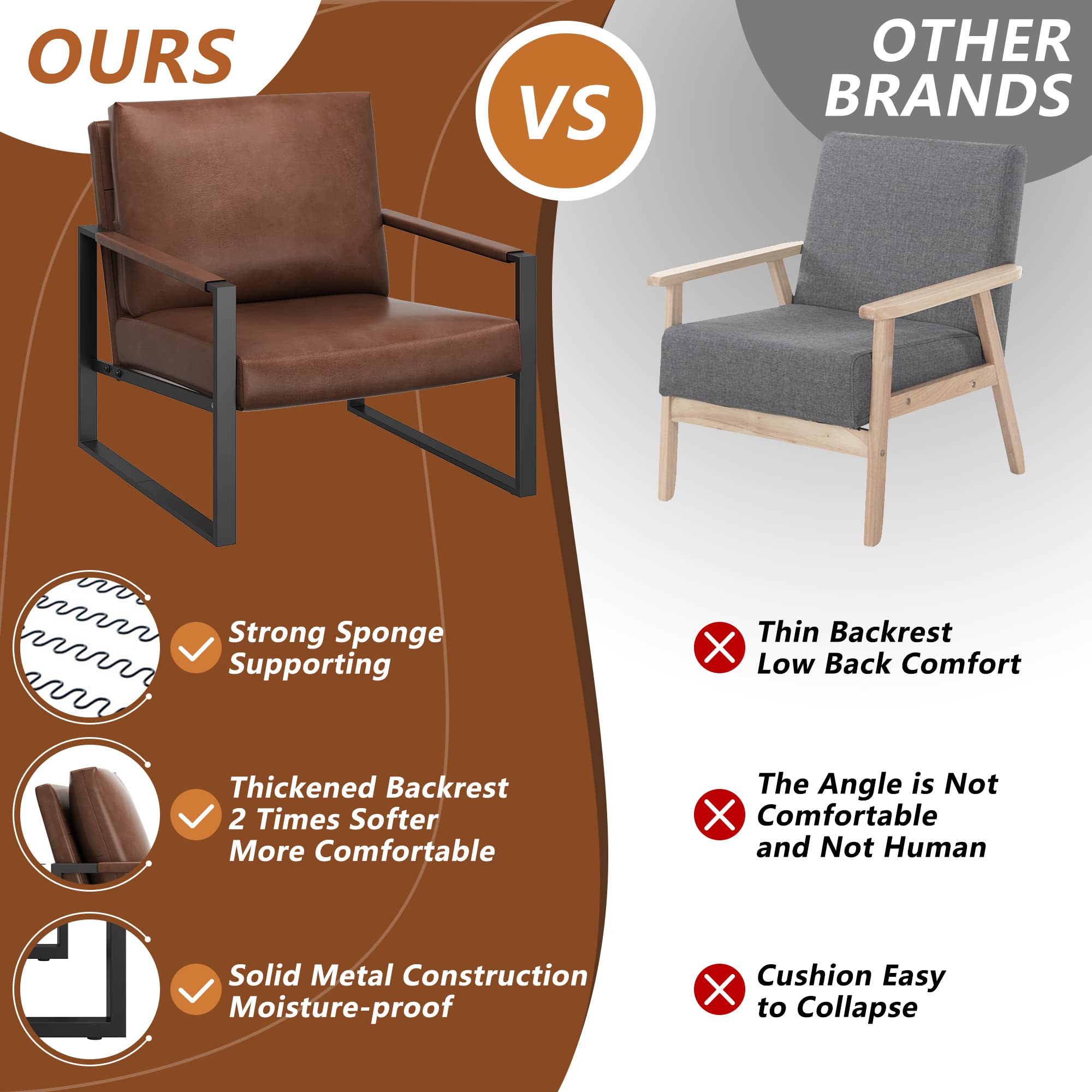 AWQM 2-Piece Leather Accent Chair Set with Extra-Thick Padded Backrest & Seat Cushion, 105° Reclining Sofa Chair with Black Metal Frame - Brown - Perfect for Living Room, Bedroom & Home Office Relaxation