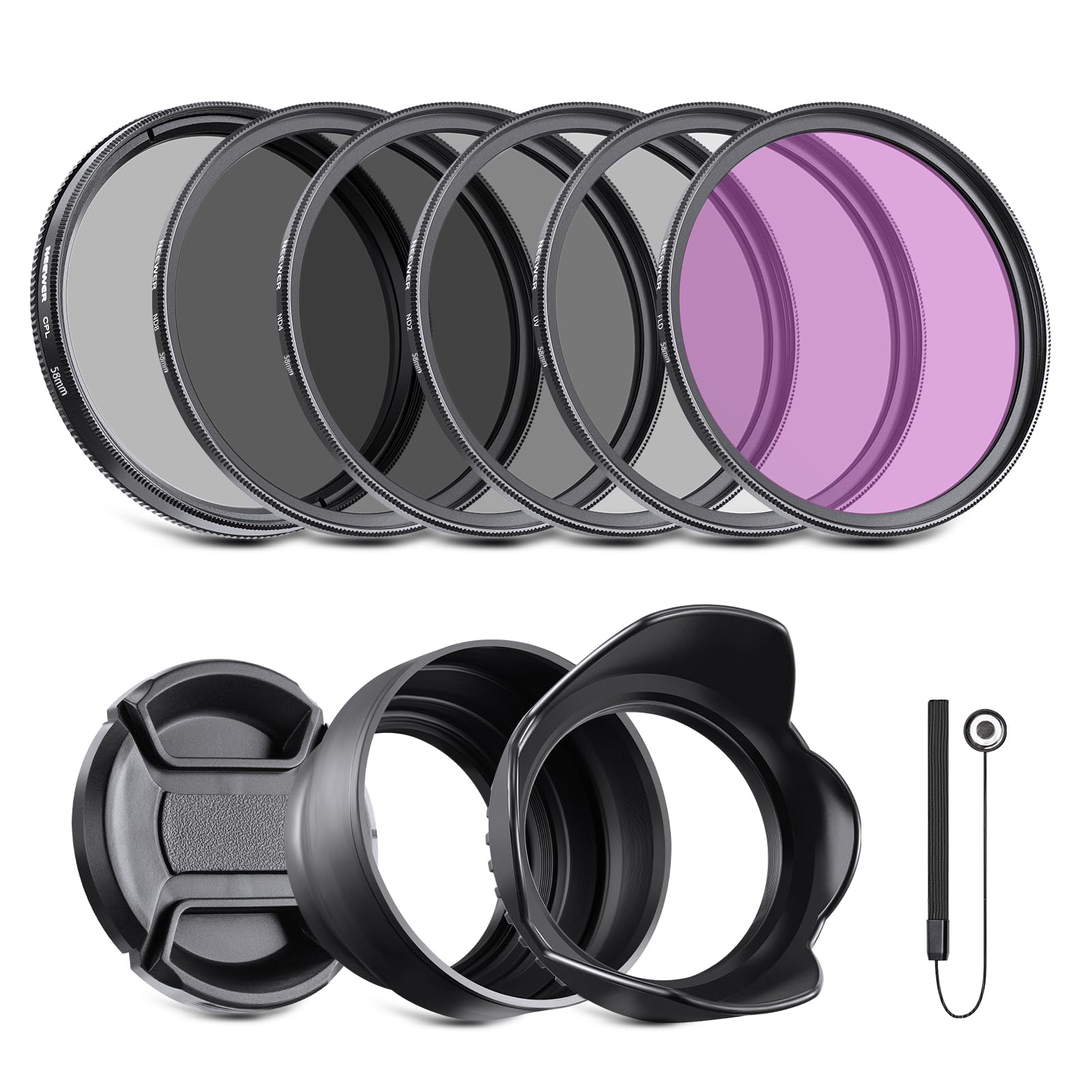 Neewer 58mm UV CPL FLD Filter Kit & ND Lens Filter Set for Canon Rebel T7, T6, T5, EOS 80D, 70D - Professional Camera Lens Protection for Outdoor Photography, Travel & Landscape Shooting