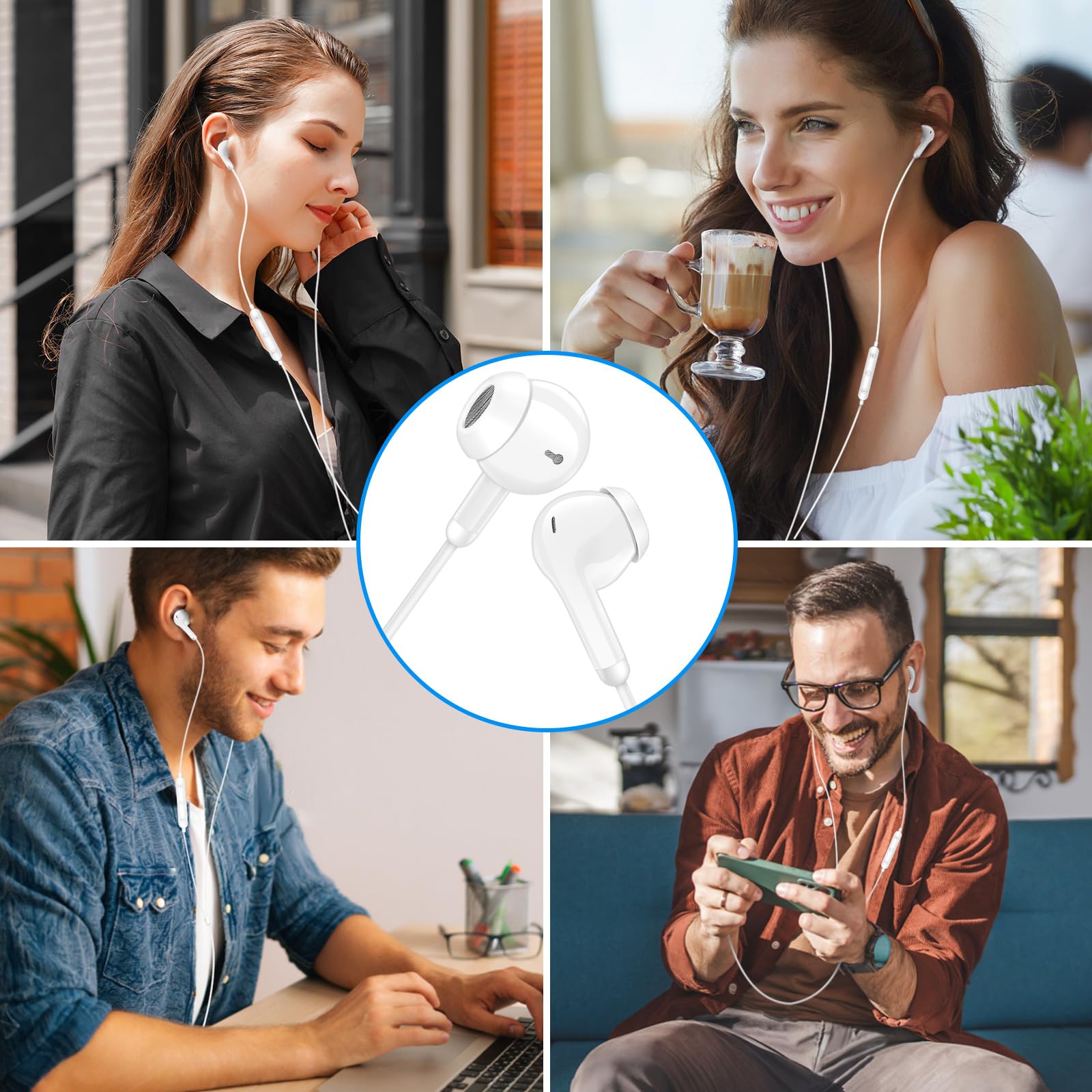 COOYA USB C Wired Earbuds with Microphone & Volume Control - HiFi Stereo In-Ear Headphones for iPhone 16 Pro Max/15, iPad 10/Air, Samsung S25 Ultra/S24/A16, Pixel 9 (White) - Perfect for Gaming, Music & Calls