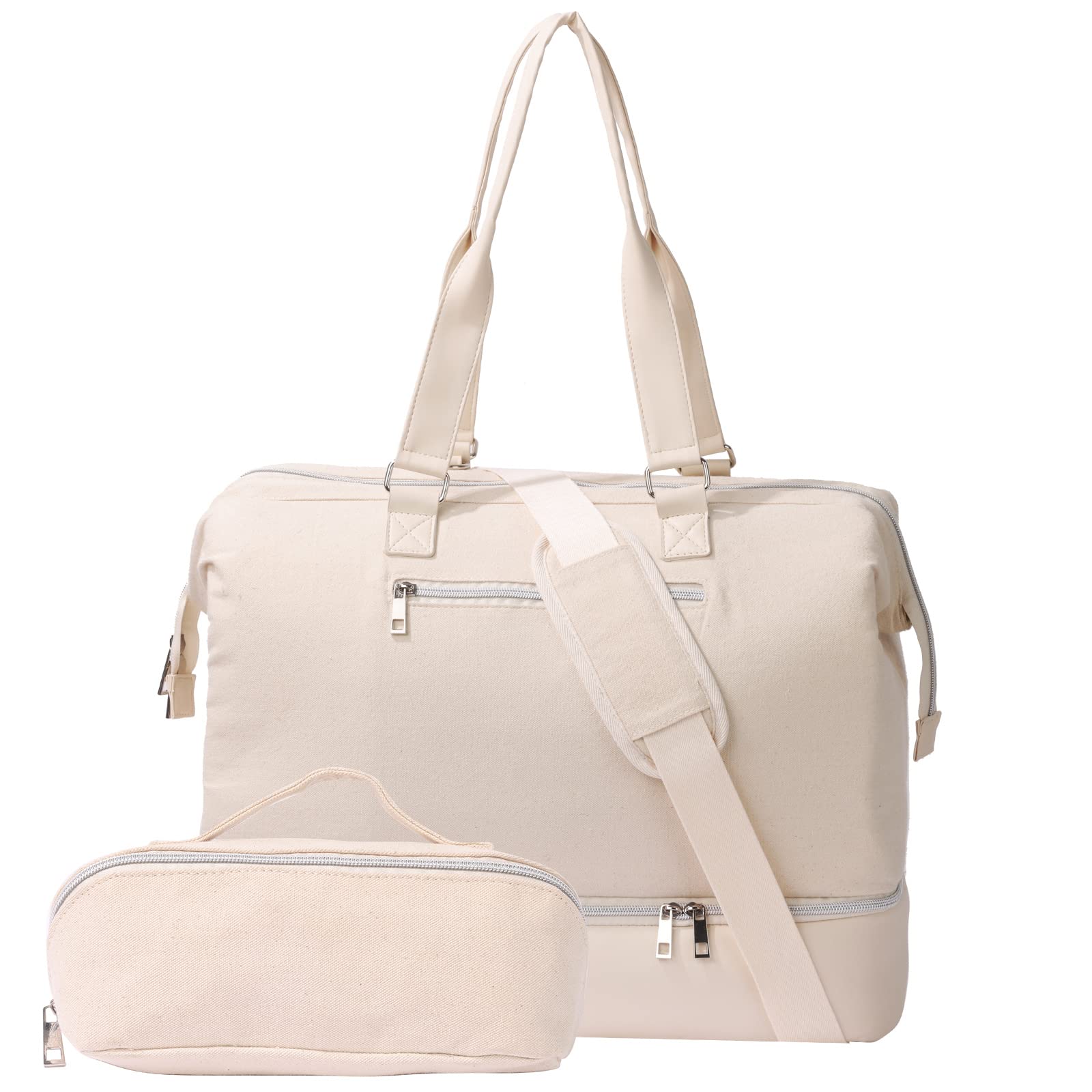 Stylish Large Weekender Bag for Women - Spacious Overnight Travel Duffel with Shoe Compartment | Perfect for Weekend Getaways, Gym Trips & Airplane Carry-On (Beige)
