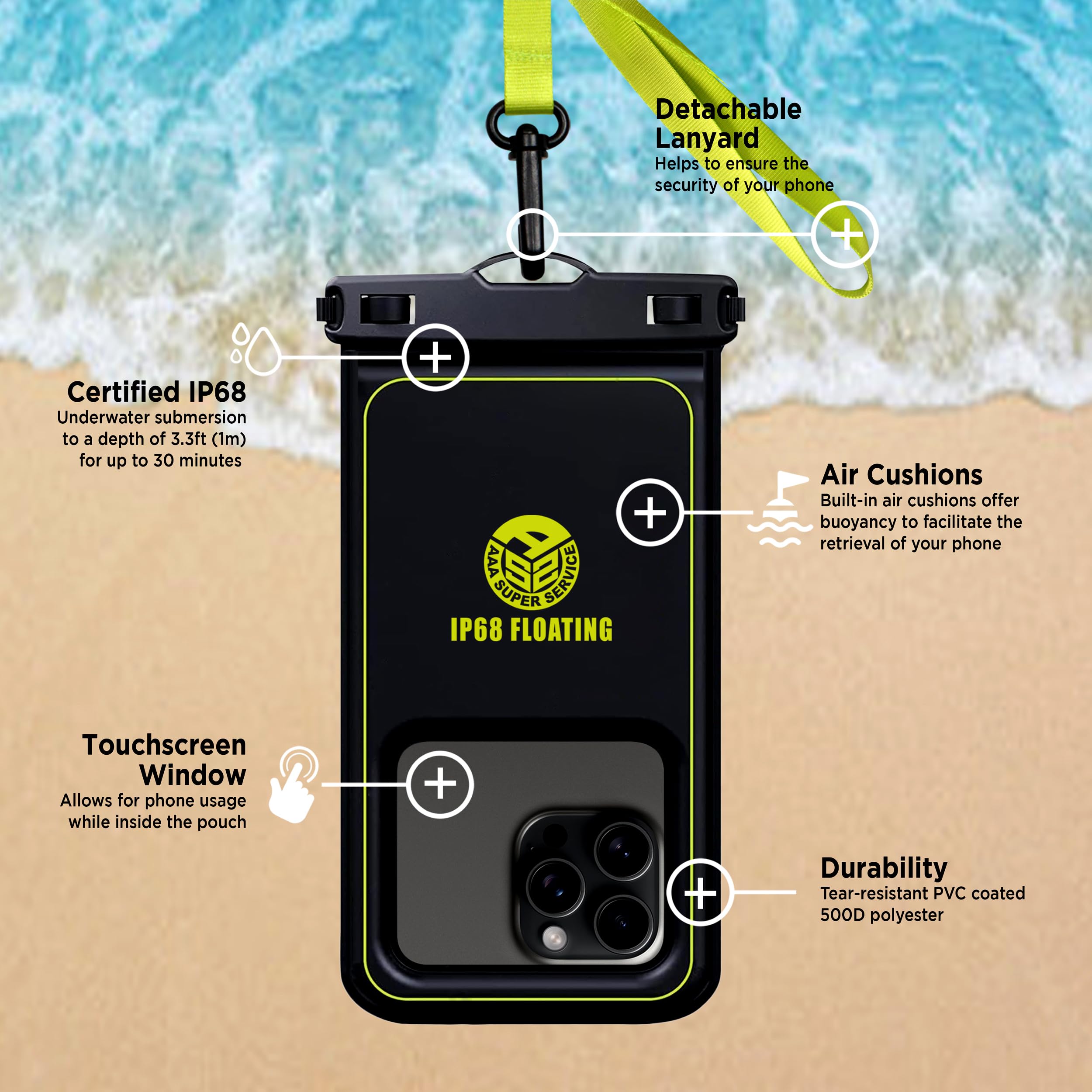 Large IP68 Waterproof Phone Pouch - Floating Dry Bag Case for iPhone & Android (1 Pack) with Detachable Lanyard - Perfect for Swimming, Boating, Beach & Water Sports