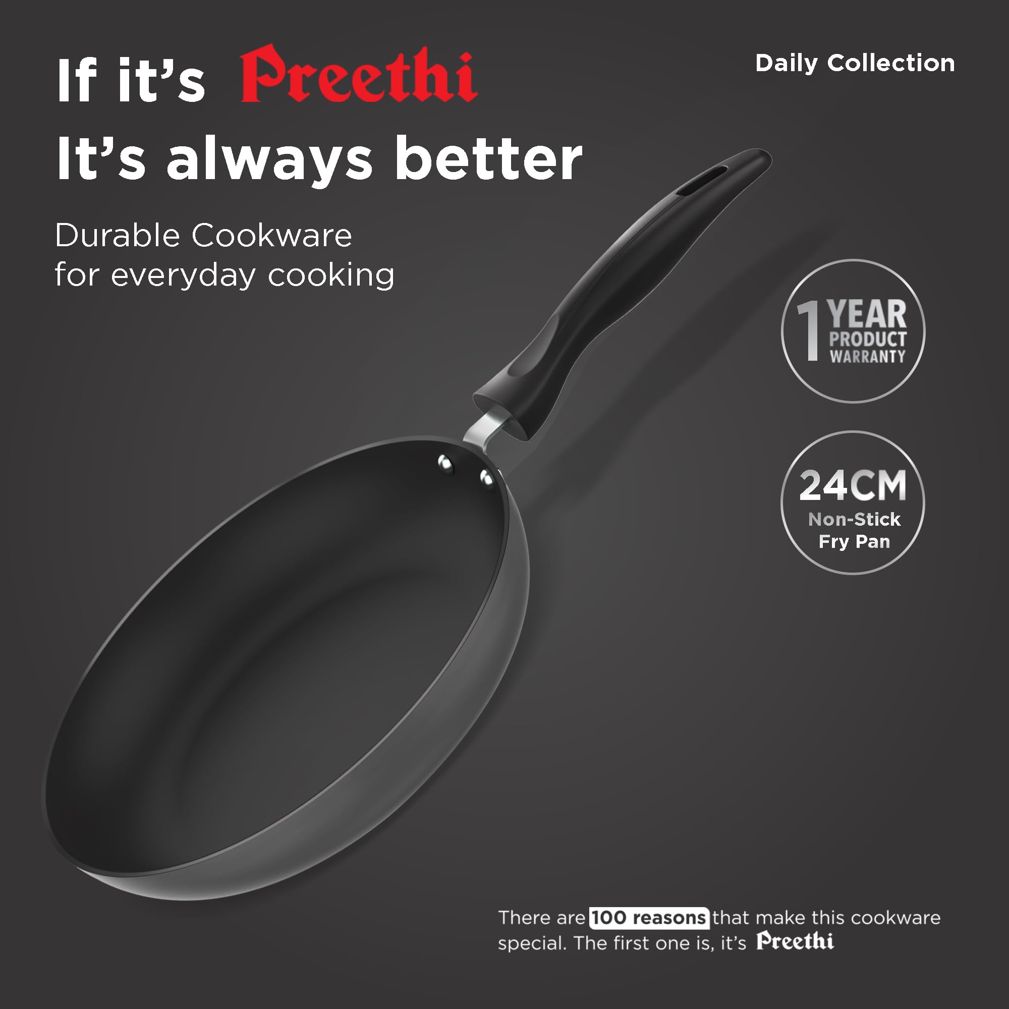 Preethi Daily Collection 24cm Non-Stick Fry Pan - 5 Star Non-Stick Coating, Grey - Perfect for Sauteing, Frying & Cooking Eggs