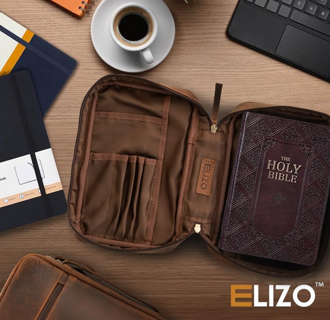 ELIZO Genuine Leather Bible Cover for Men & Women - Large Zippered Book Cover with Bookmark - Church Bag & Religious Gift for Bible Study, Travel & Worship