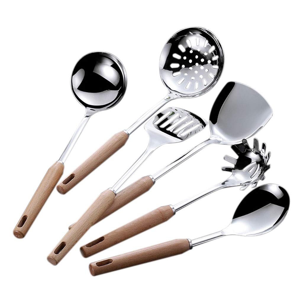 DERTEIO 6-Piece Stainless Steel Kitchen Utensil Set with Wooden Handles - Cooking Spoons, Ladles & Essential Tools for Restaurant & Home Kitchen Use