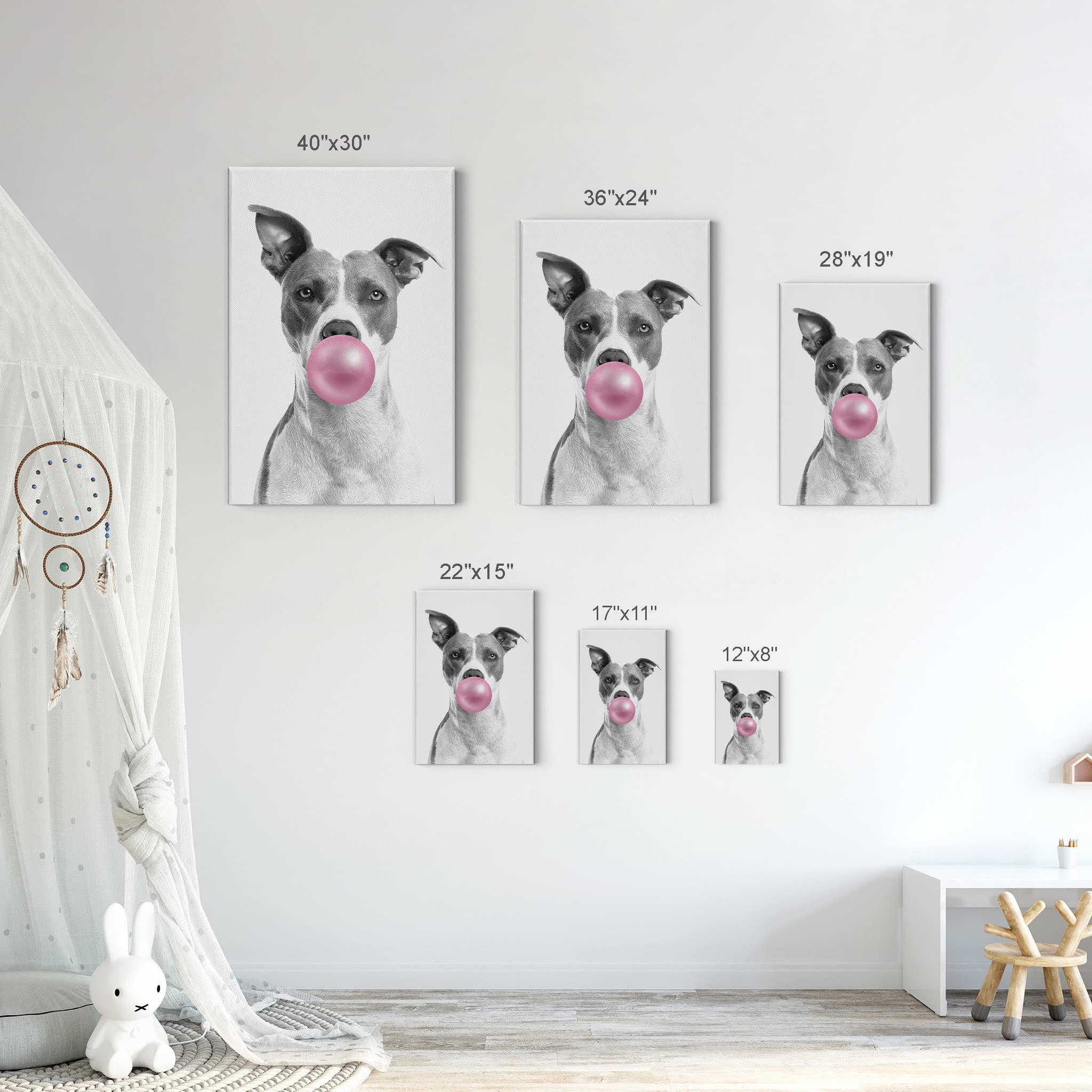 Smile Art Design Dog Giraffe Koala Animal Bubble Gum Canvas Print Set - Pink Black White Wall Art for Nursery, Baby Room, Kids Bedroom Decor - Ready to Hang Made in USA (28x19 inches) - Perfect for Children's Playroom, Daycare or Birthday Gift