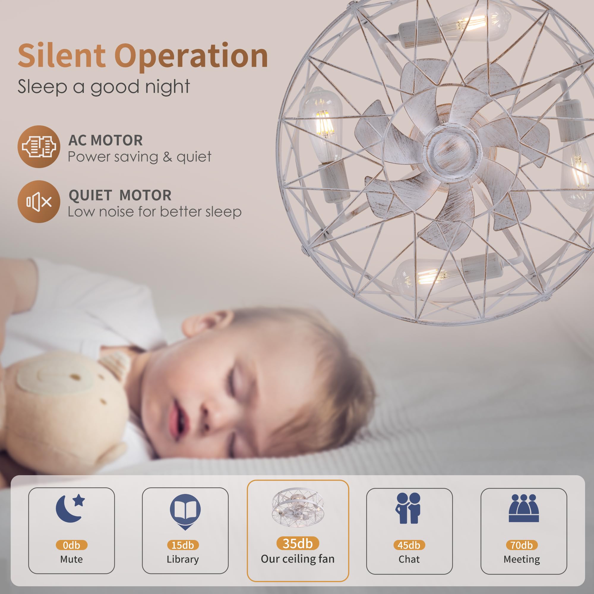 REDSTAR Retro Small Ceiling Fan with Light & Remote Control - Flush Mount Low Profile Caged Ceiling Fan for Bedroom, Living Room, Nursery - Energy Efficient Quiet Operation (White)
