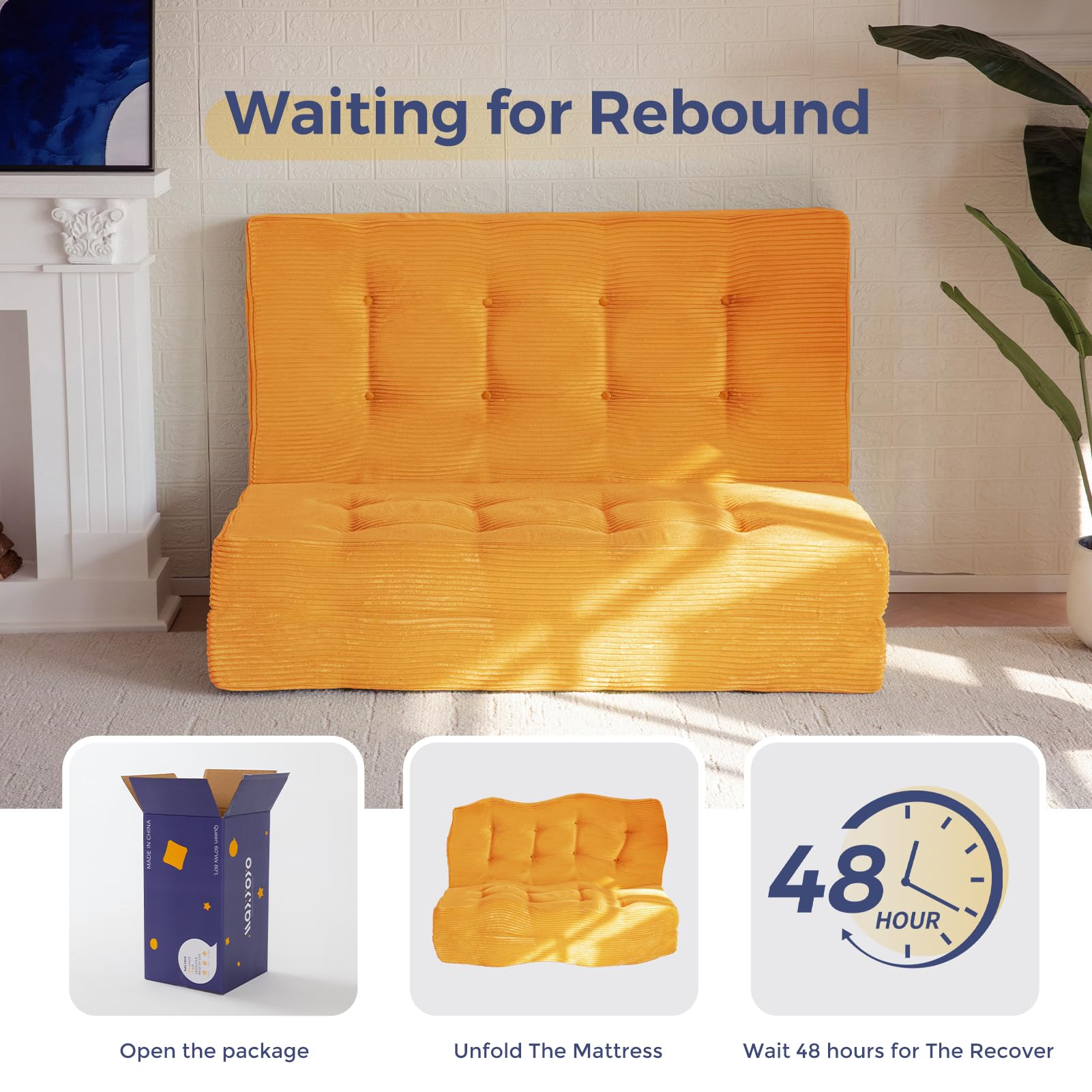 6 Inch Tri Fold Mattress - MAXYOYO Tufted Folding Foam Bed with Breathable Corded Fabric, Full Size, Orange | Perfect for Guest Beds, Camping, Dorms & Small Spaces