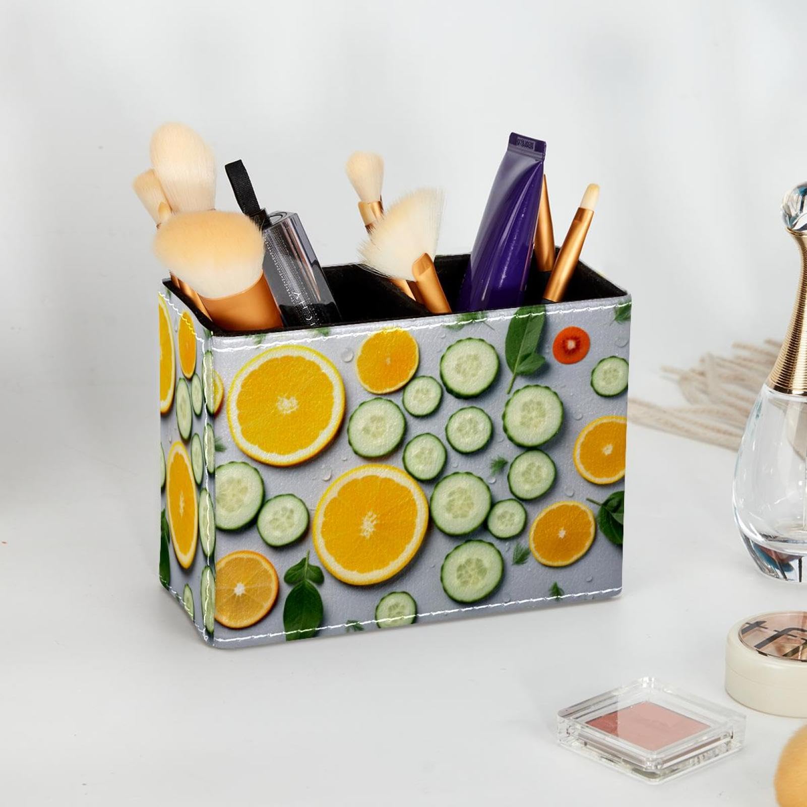 FVQL Desk Pen Organizer & Pencil Holder - Orange & Cucumber Design | Perfect for Office, School & Home Workspace Organization
