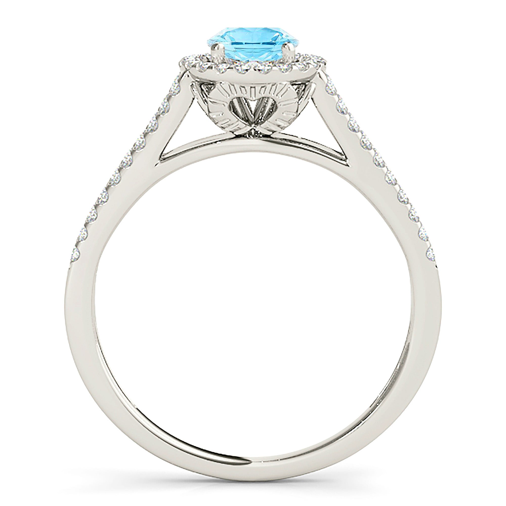 1.00 Carat Genuine Aquamarine Halo Ring with V-Shape Split Diamond Band – Elegant Engagement, Anniversary & Wedding Jewelry Gift for Women