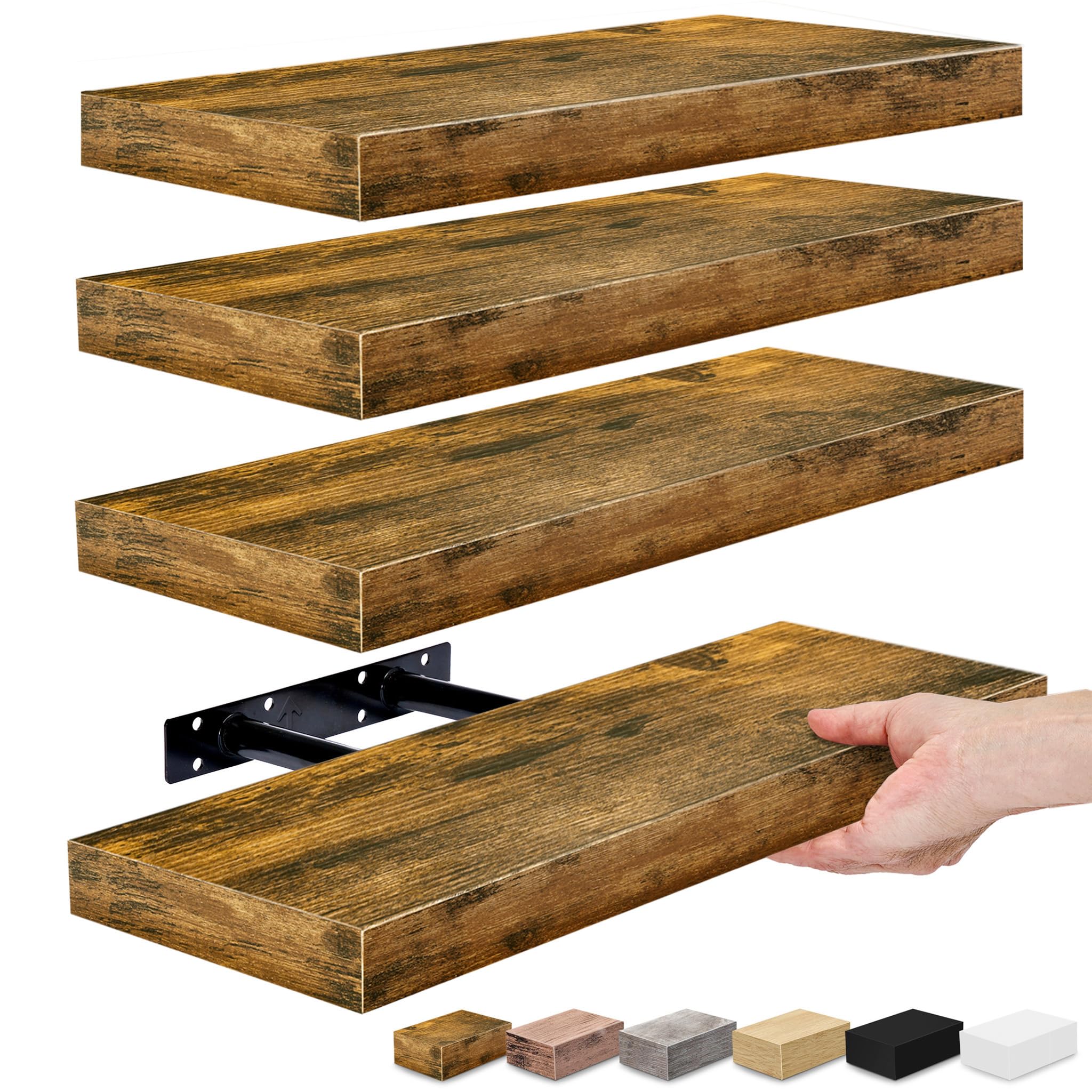 Sorbus Floating Shelves for Wall - 4 Pack, Wall Mounted Bathroom Shelves for Kitchen, Bedroom, Living Room & Toilet Storage - Rustic Wood Hanging Bookshelf for Home Decor - Perfect for Small Spaces & Organizing Essentials