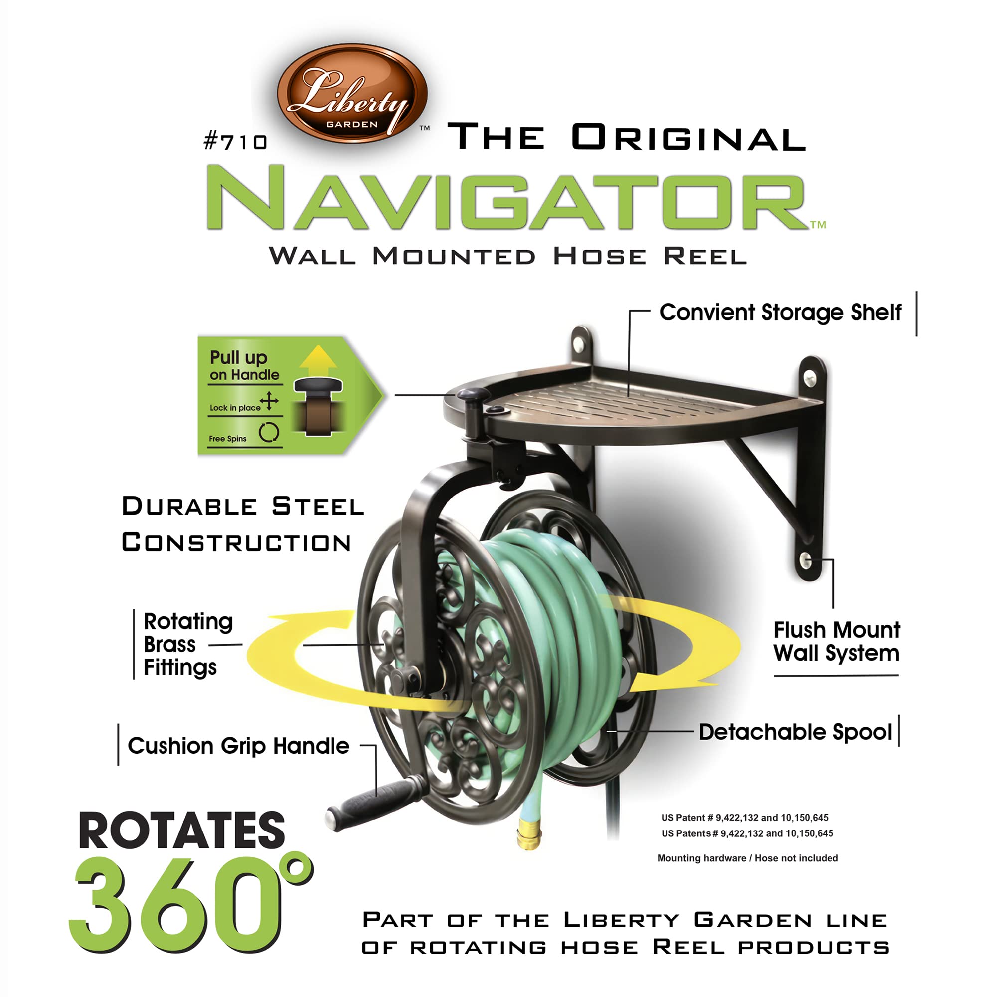 Liberty Garden 710 Navigator Rotating Garden Hose Reel - 125-Feet Capacity for 5/8-Inch Hose, Durable Bronze Finish - Perfect for Lawn Care, Yard Watering & Outdoor Cleaning