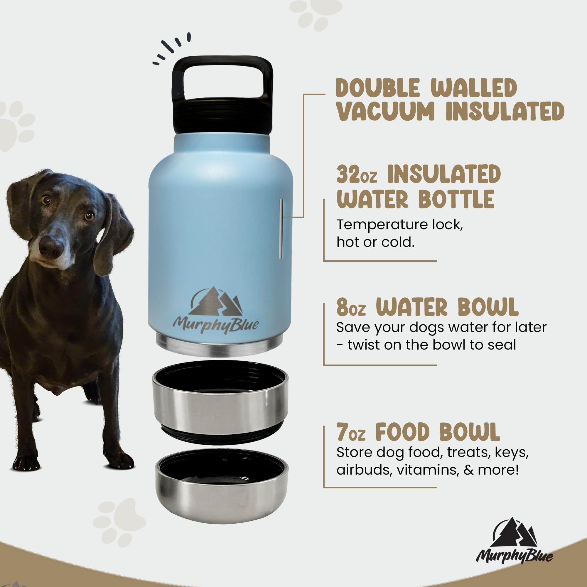 32oz Insulated Stainless Steel Dog Water Bottle with BPA-Free Detachable Bowls & Built-in Carabiner - Portable Pet Travel Water Dispenser for Hiking, Camping, and Outdoor Adventures