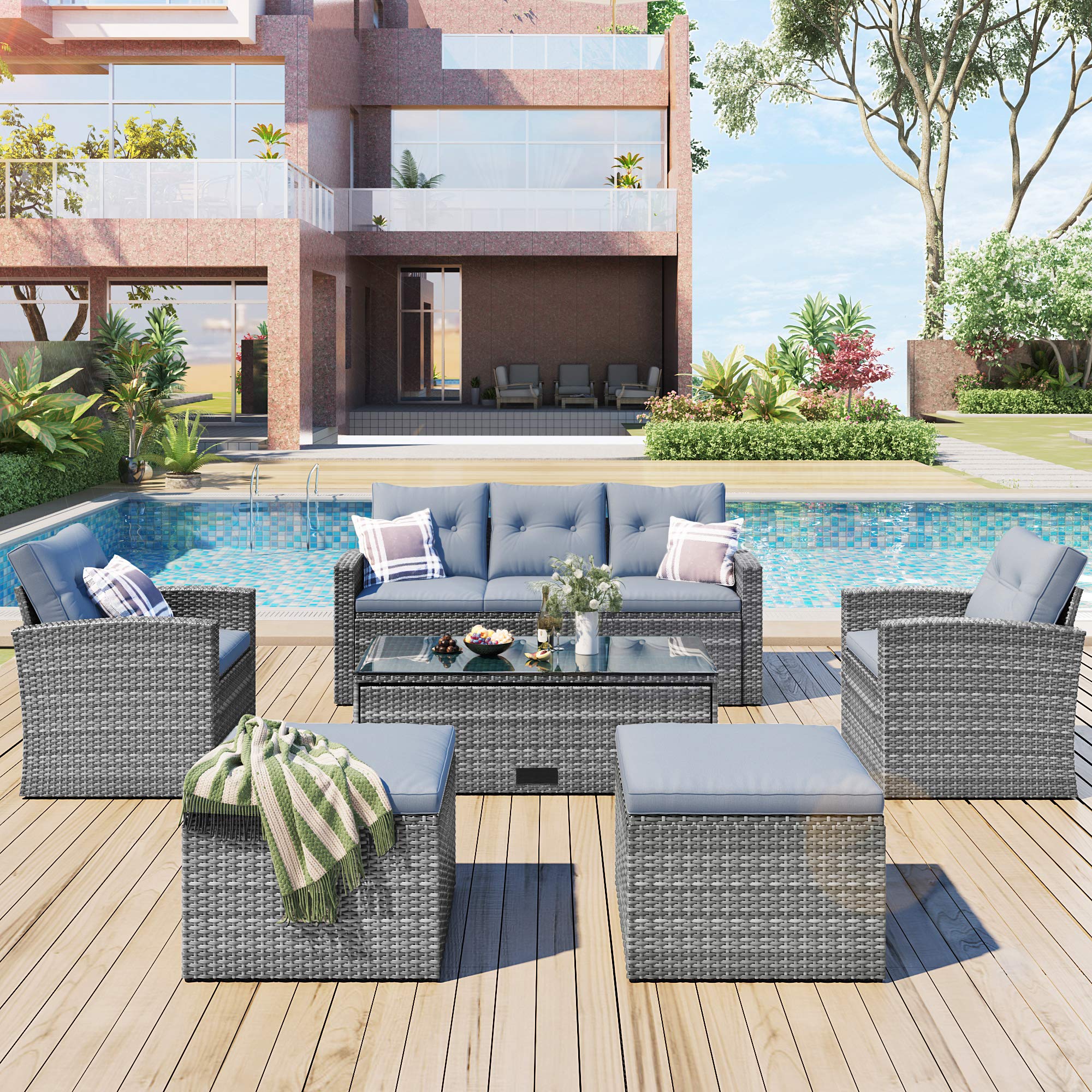 Polibi 6-Piece All-Weather Grey PE Rattan Patio Furniture Set - Outdoor Wicker Sofa Set with Coffee Table, 3-Seater Couch, 2 Chairs, 2 Ottomans & Removable Light Gray Cushions - Perfect for Garden, Poolside, Backyard & Balcony Relaxation