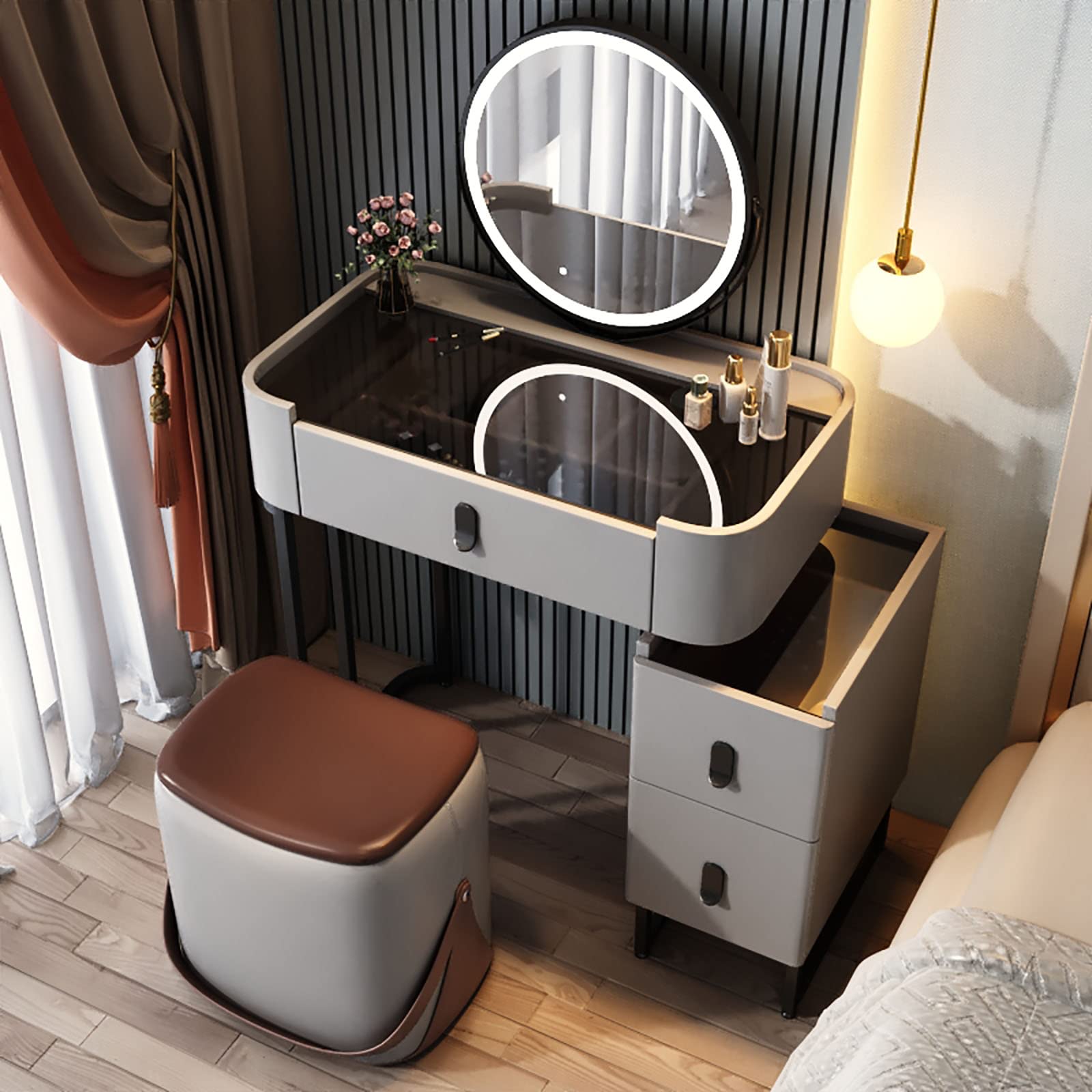 EVILO Dressing Table with LED Lights - Makeup Vanity Set with Storage Cabinet & Glass Top - Elegant Vanity Desk & Stool for Bedroom - Perfect for Beauty Routine, Dressing Area & Home Decor