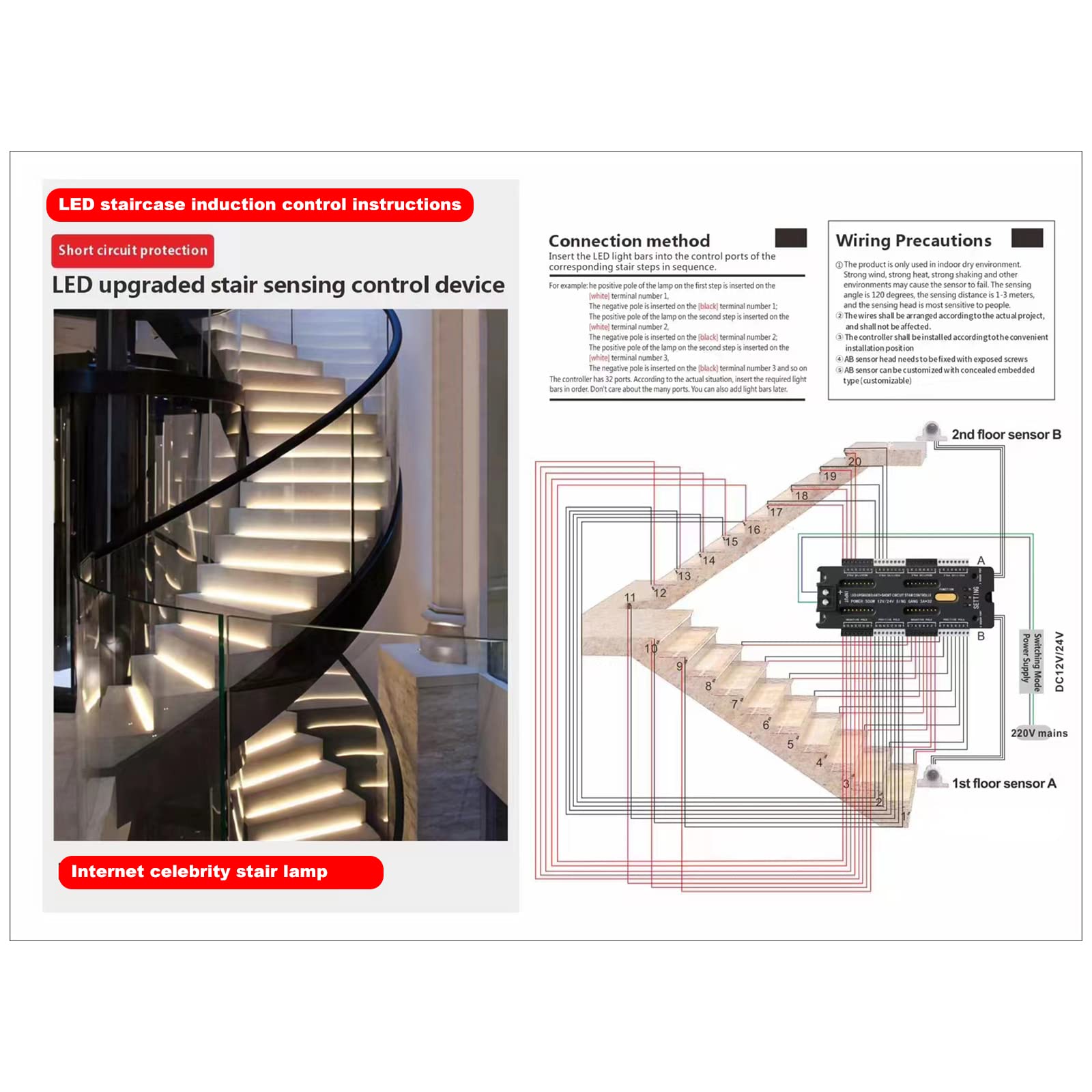 32-Channel LED Motion Sensor Stair Light Controller - Adjustable Speed & Brightness, Short Circuit Proof for Indoor Staircase Lighting | Home Safety & Decoration Solution