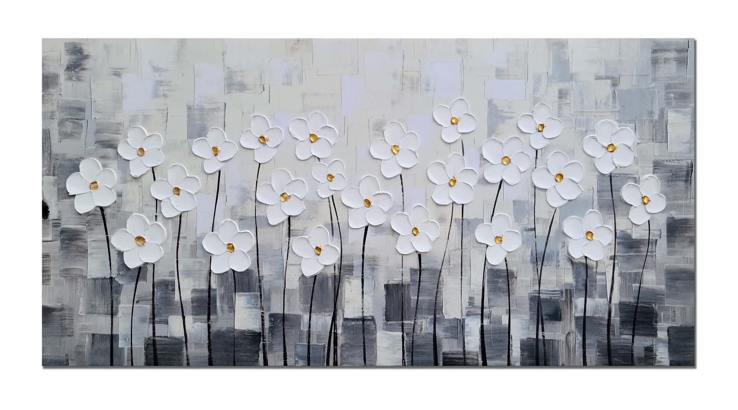 SYGALLERIER White Floral Canvas Wall Art - Hand Painted 3D Modern Abstract Painting - Grey and White Pictures for Living Room, Bedroom, Office & Home Decor - Perfect for Modern Interior Design & Wall Decoration