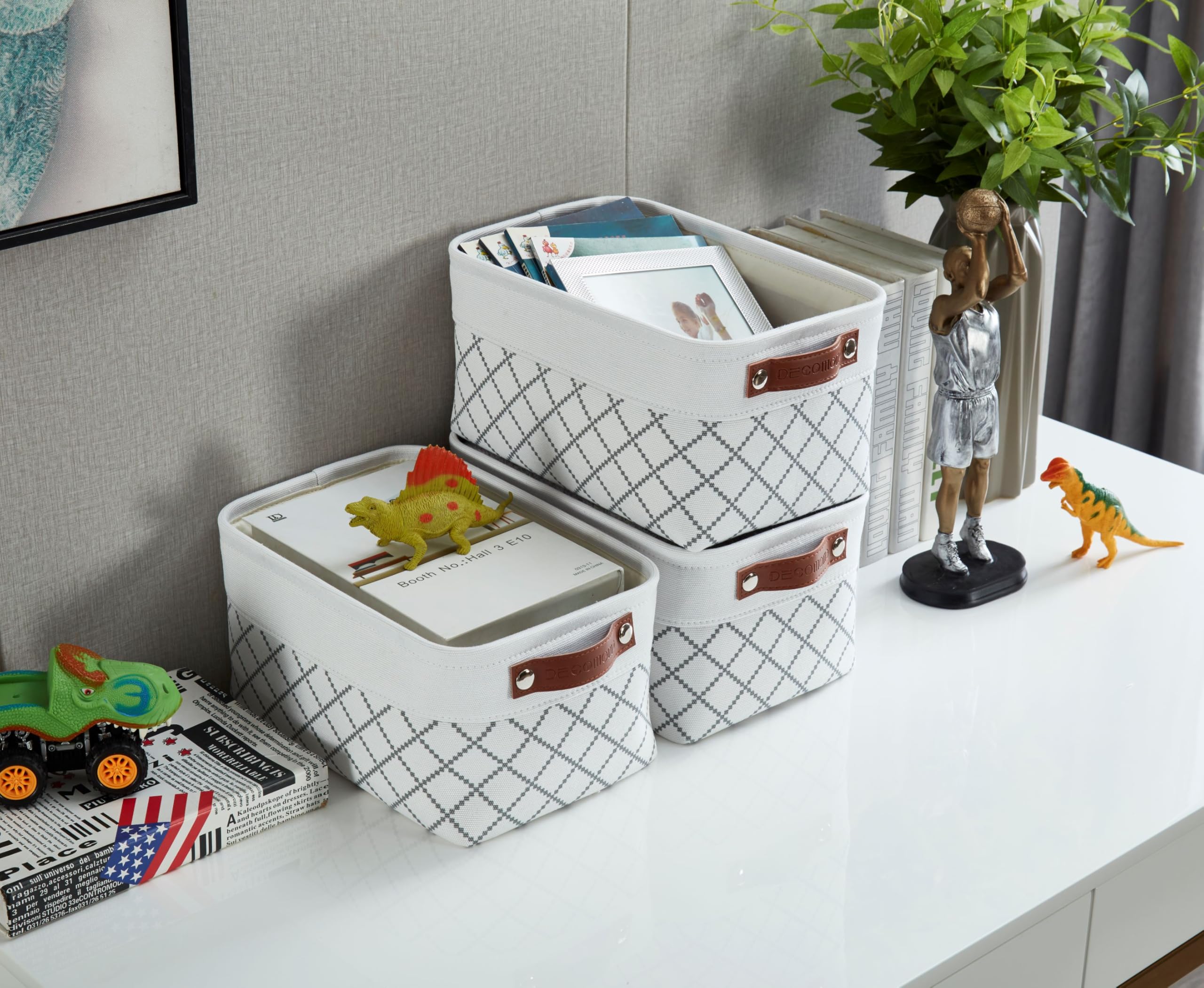 DECOMOMO Small Storage Baskets 6-Pack - White Check Fabric Closet Organizer Bins for Shelves, Bathroom, Nursery & Home Organization - Perfect for Bedroom, Office & Pantry Storage