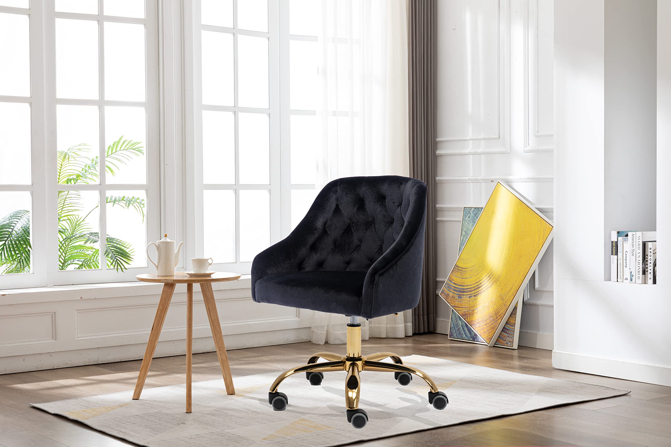 Ergonomic Modern Home Office Chair - Adjustable Swivel Desk Chair with Wheels for Work, Study & Makeup - Velvet Upholstered Task Chair for Living Room, Bedroom & Vanity (Black) - Perfect for Remote Work, Gaming & Beauty Routines