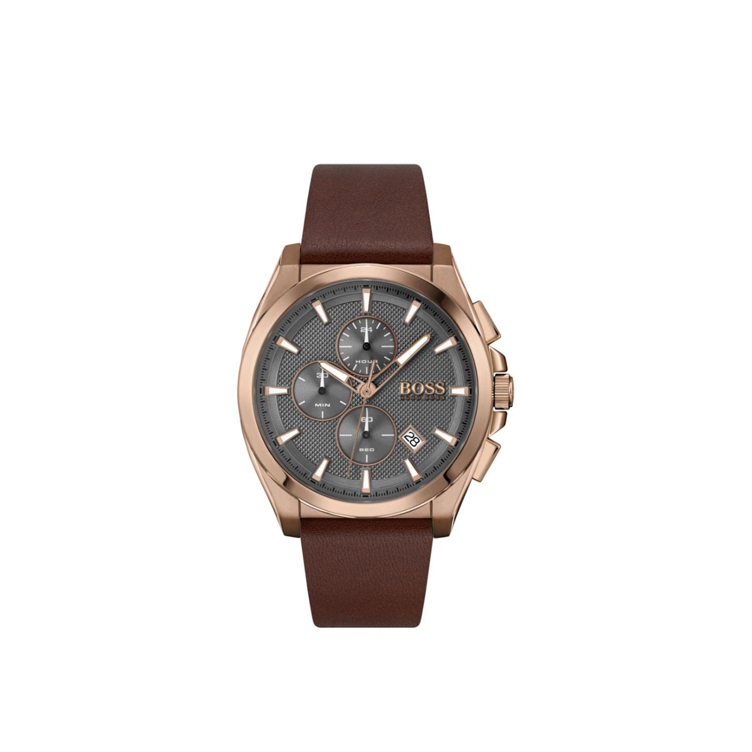 BOSS Men's Grandmaster Stainless Steel Quartz Watch with Genuine Leather Strap - Brown, 24mm (Model: 1513882) | Water Resistant Dress Watch for Business, Formal Occasions & Everyday Wear