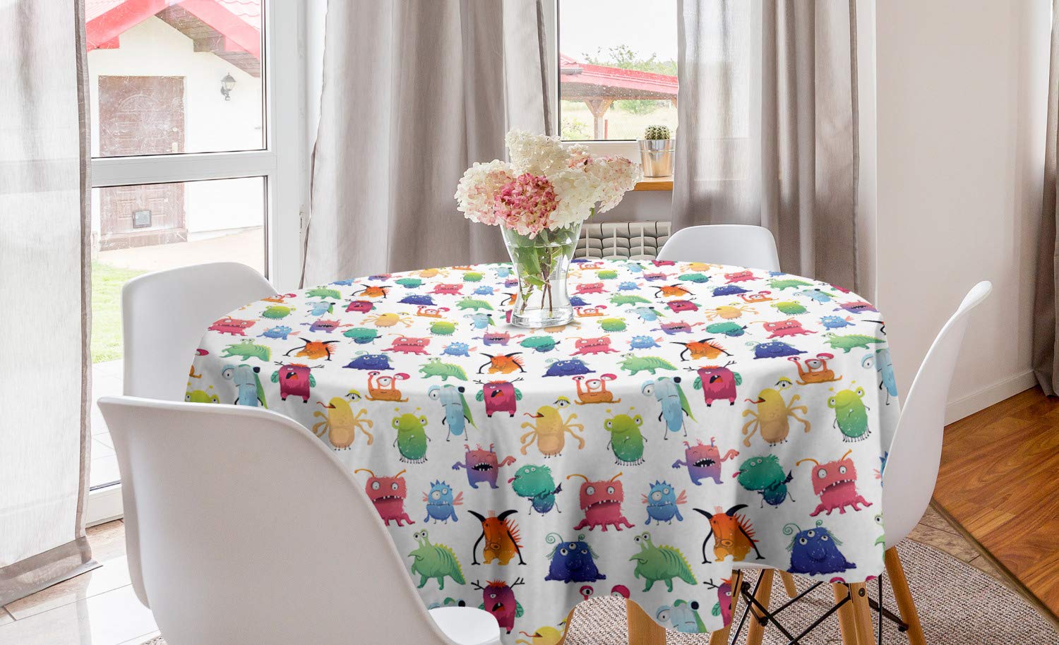 Ambesonne Colorful Cartoon Monsters Round Tablecloth 60