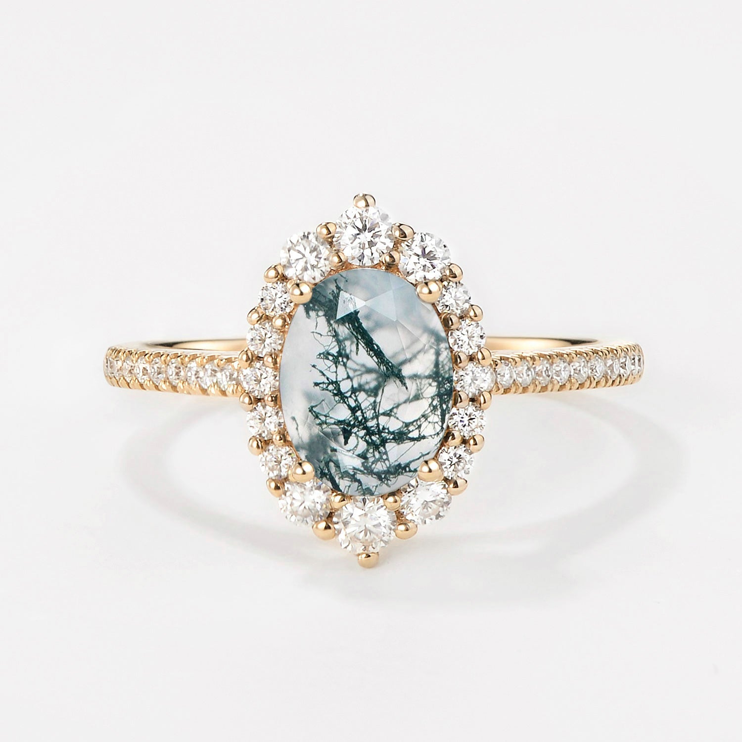 Oval Cut Halo Moss Agate Engagement Ring - 14K Gold Wedding Band for Women, Unique Nature-Inspired Gemstone Promise Ring - Perfect for Proposals, Anniversaries & Romantic Occasions
