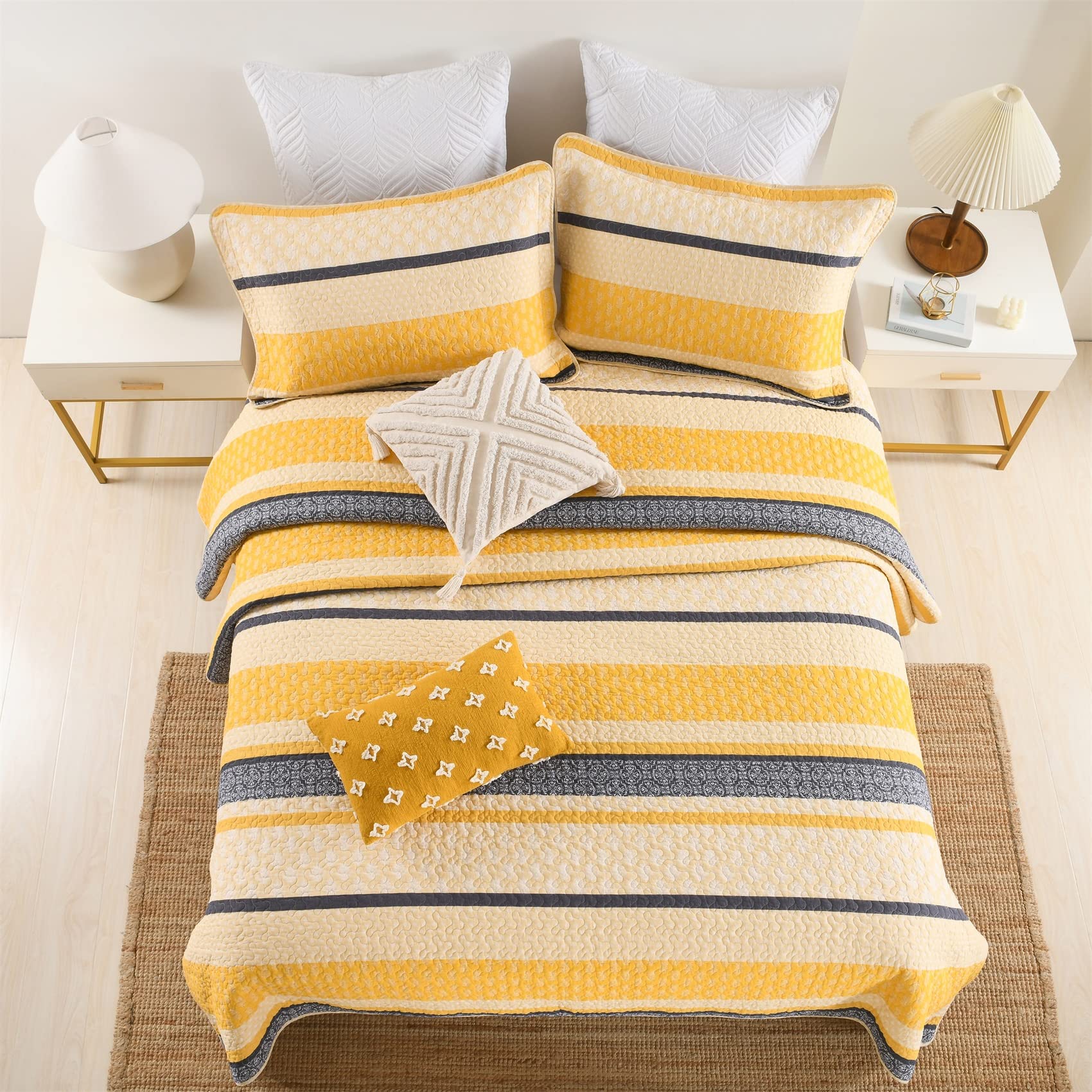 Homzard King Size Quilt Set - 100% Cotton Farmhouse Striped Comforter in Yellow, Black & Gray | Lightweight 3-Piece Bedding for Cozy Home Decor | Perfect for Master Bedroom, Guest Room & Farmhouse Style