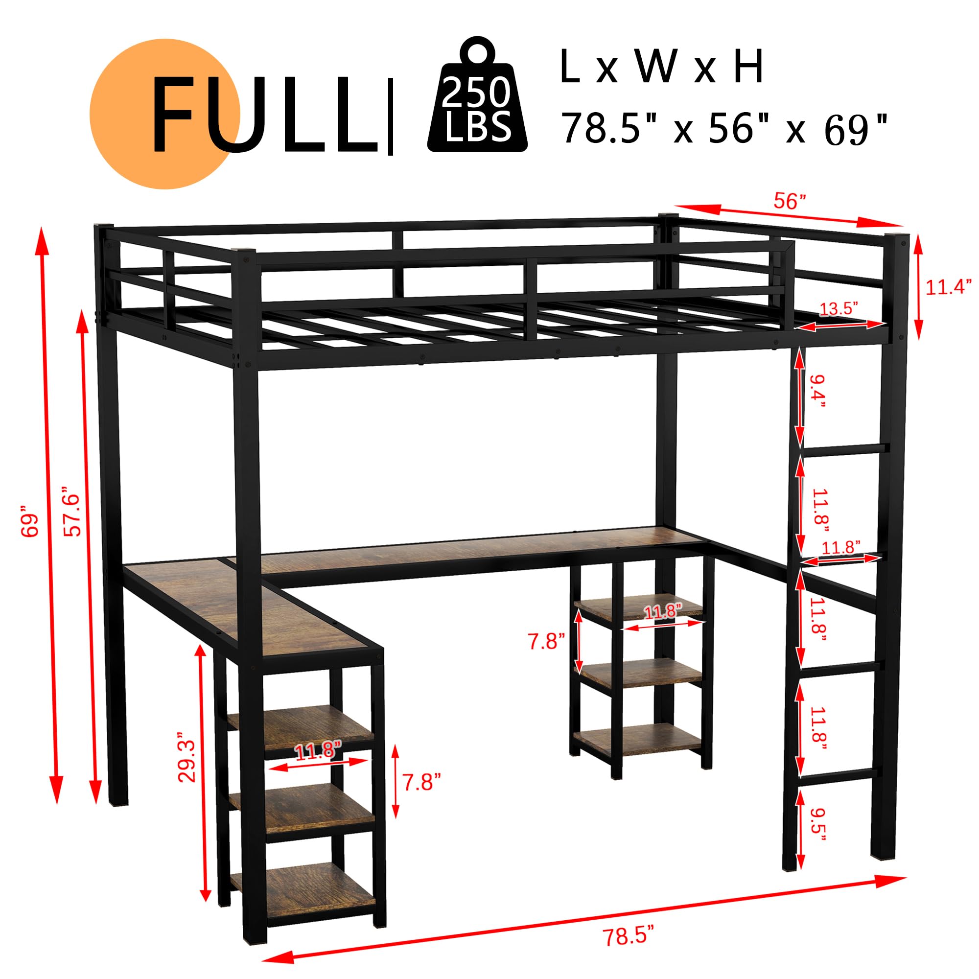 Full Size Loft Bed with L-Shaped Desk & Storage Shelves - Heavy Duty Metal Bunk Bed for Kids & Teens - Space Saving Study & Sleep Solution for Small Bedrooms - Black Full Size Loft Bed with Ladder