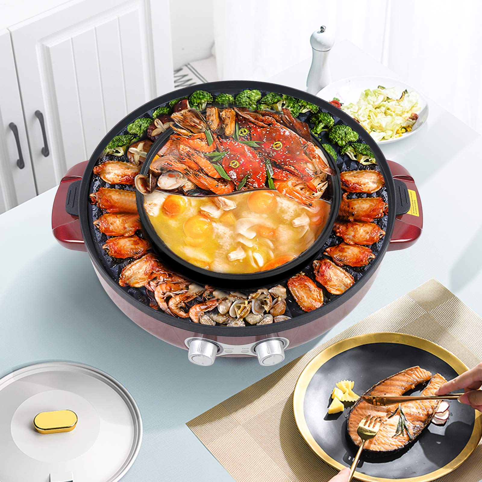 Gdrasuya10 2-in-1 Electric Smokeless Grill and Hot Pot - 2200W Dual Temperature Control Indoor BBQ & Shabu Shabu Cooker - 110V for 2-5 People - Perfect for Family Gatherings, Parties & Asian Cuisine Cooking