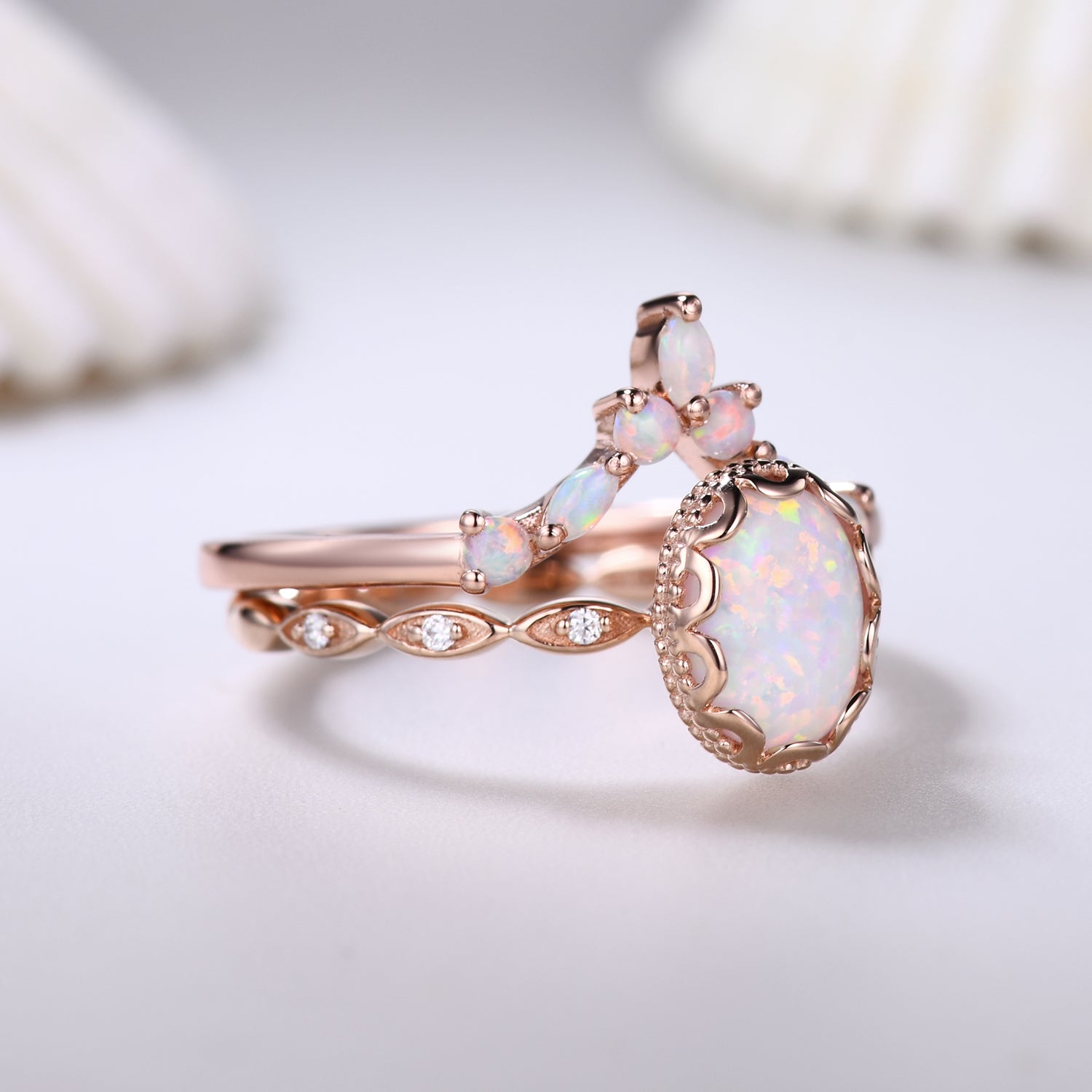14K Rose Gold Oval Opal and Diamond Bridal Ring Set - Elegant Curved Wedding Band for Women, Perfect Anniversary Gift for Her | Ideal for Engagement, Wedding Ceremony & Romantic Occasions