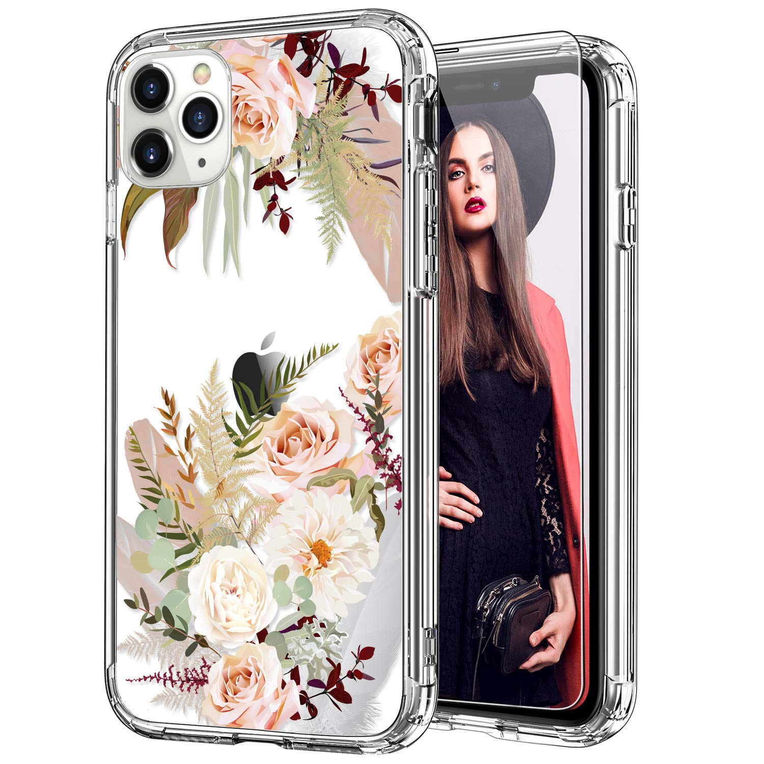ICEDIO iPhone 11 Pro Max Case with Screen Protector - Clear TPU Slim Fit Protective Cover with Fashionable Floral Design for Women | Perfect for Everyday Use, Work & Travel (Champagne Blossoms, 6.5