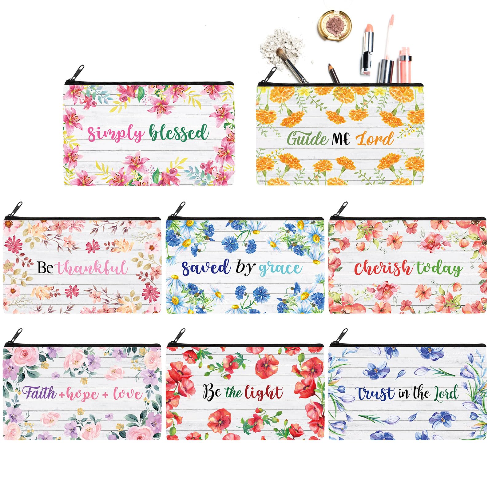 Talltalk 8-Piece Christian Pencil & Cosmetic Bags Set - Inspirational Bible Verse & Prayer Designs, Double-Sided Makeup Pouches, Motivational Religious Gifts for Christmas, Friends & Bible Study (Floral Pattern) - Perfect for Church, School & Travel Organization