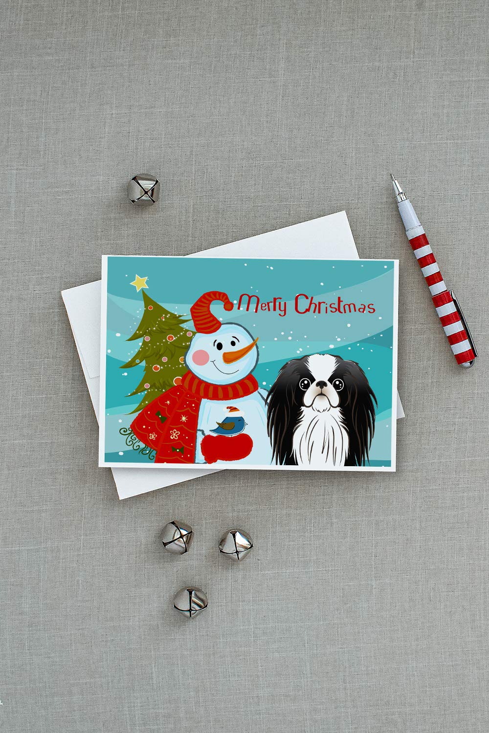 Snowman with Japanese Chin Blank Greeting Cards - Pack of 8 A7 Size (5x7) Note Cards with Envelopes | Whimsical Holiday Stationery for Christmas Gifts, Thank You Notes & Winter Greetings